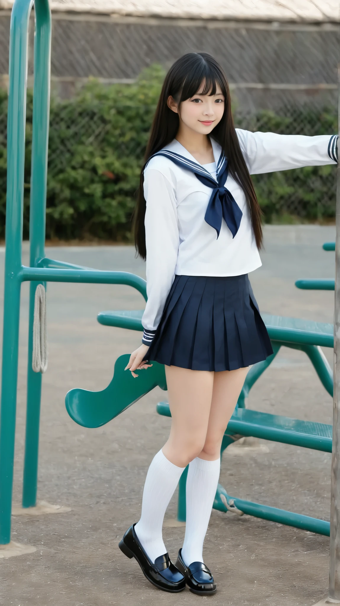 Realistic female high school student standing on the playground、long sleeve sailor suit、miniskirt、pretty face、high socks、loafers、full body view