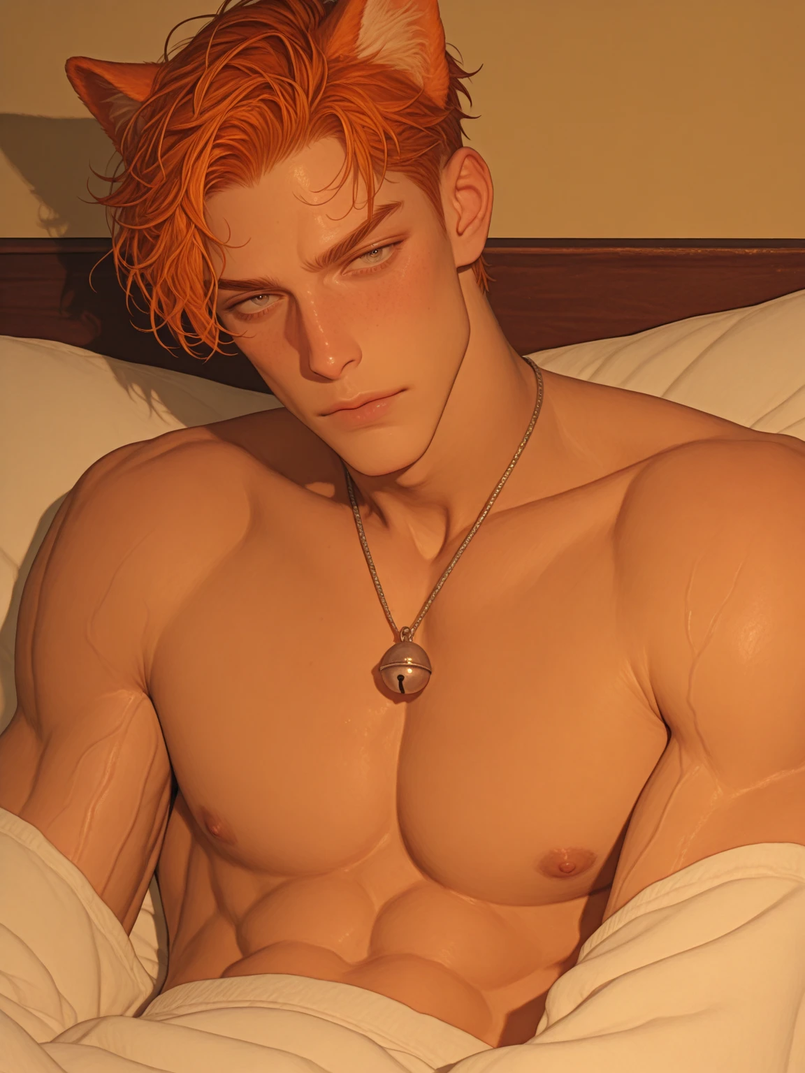 (hyper-realistic digital illustration), (perfect face:1.1), (high detail:1.1)  one extremely handsome male elf ( torso) wearing micro orange , mage long red cloak, clean shaved, front view, lying on his back, holding legs raised, athletic body, (white skin),  , flat ,(long orange hair scruffy ), serene expression, small waist, muscular. best quality, high-resolution
