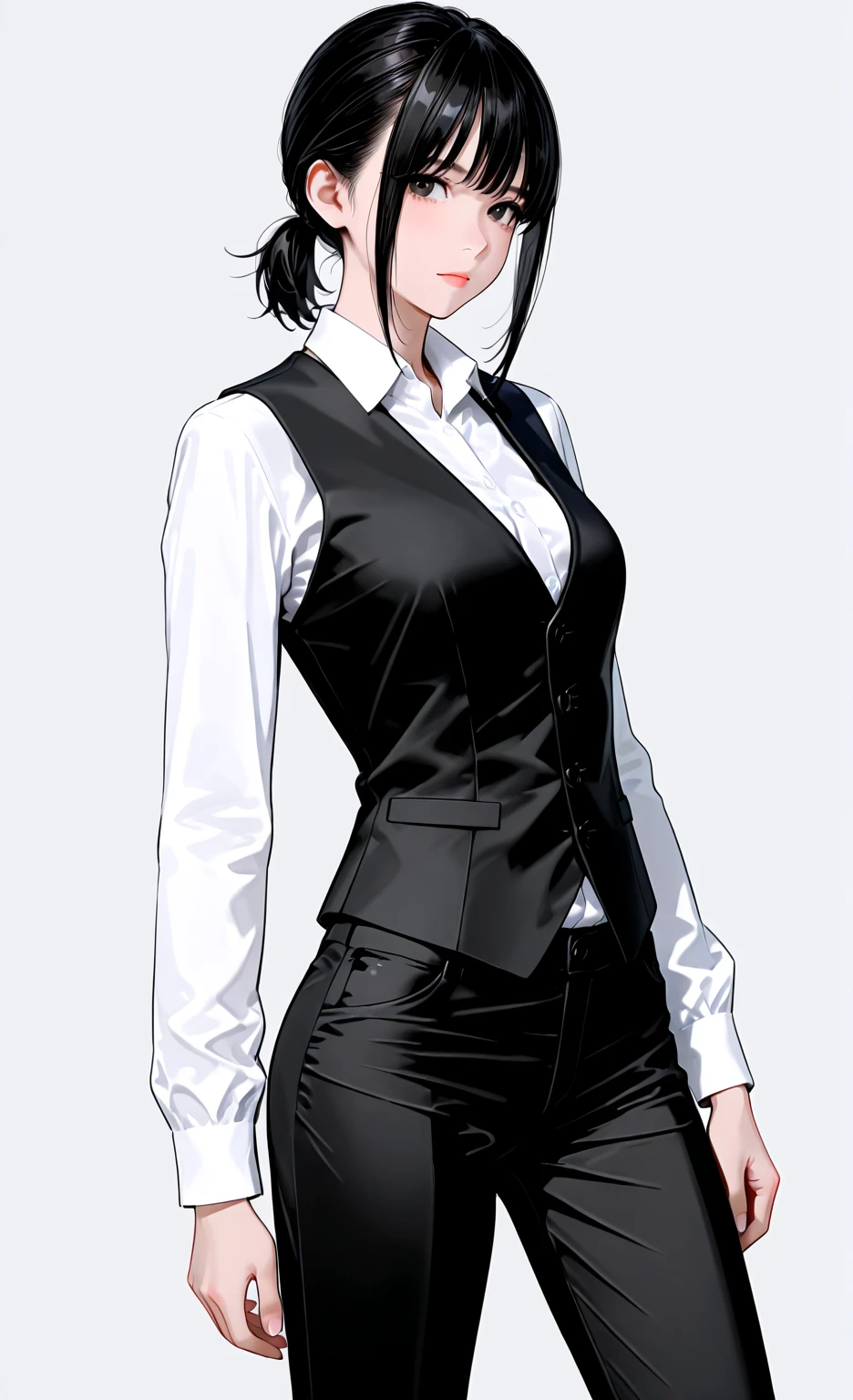 beautyful woman, detailed, lady from devil may cry, black , black pants, crossed arms, naughty smile