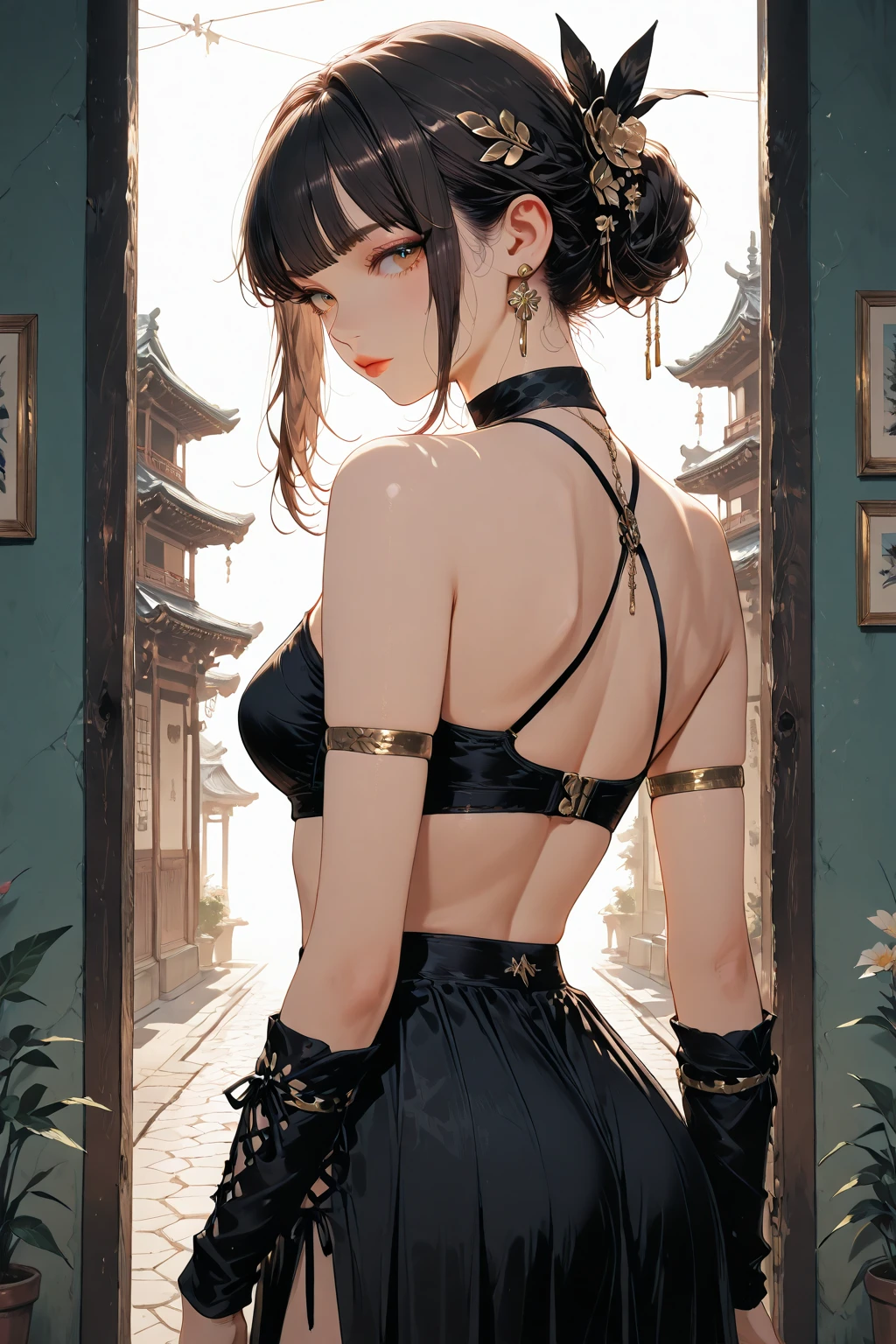 one woman, 20s, (masterpiece, top quality), intricate details, Elegant updo hairstyle, beautiful girl standing stunned, black hair, white skin, Pale black eyes, tight-fitting chinese-style dress, perfect anatomy, thick butt, wearing a strapless black dress with white accents, The dress has beautiful gold embellishments, decorative armbands and a halter neck, messy hair, lips of, cowboy shot, from side