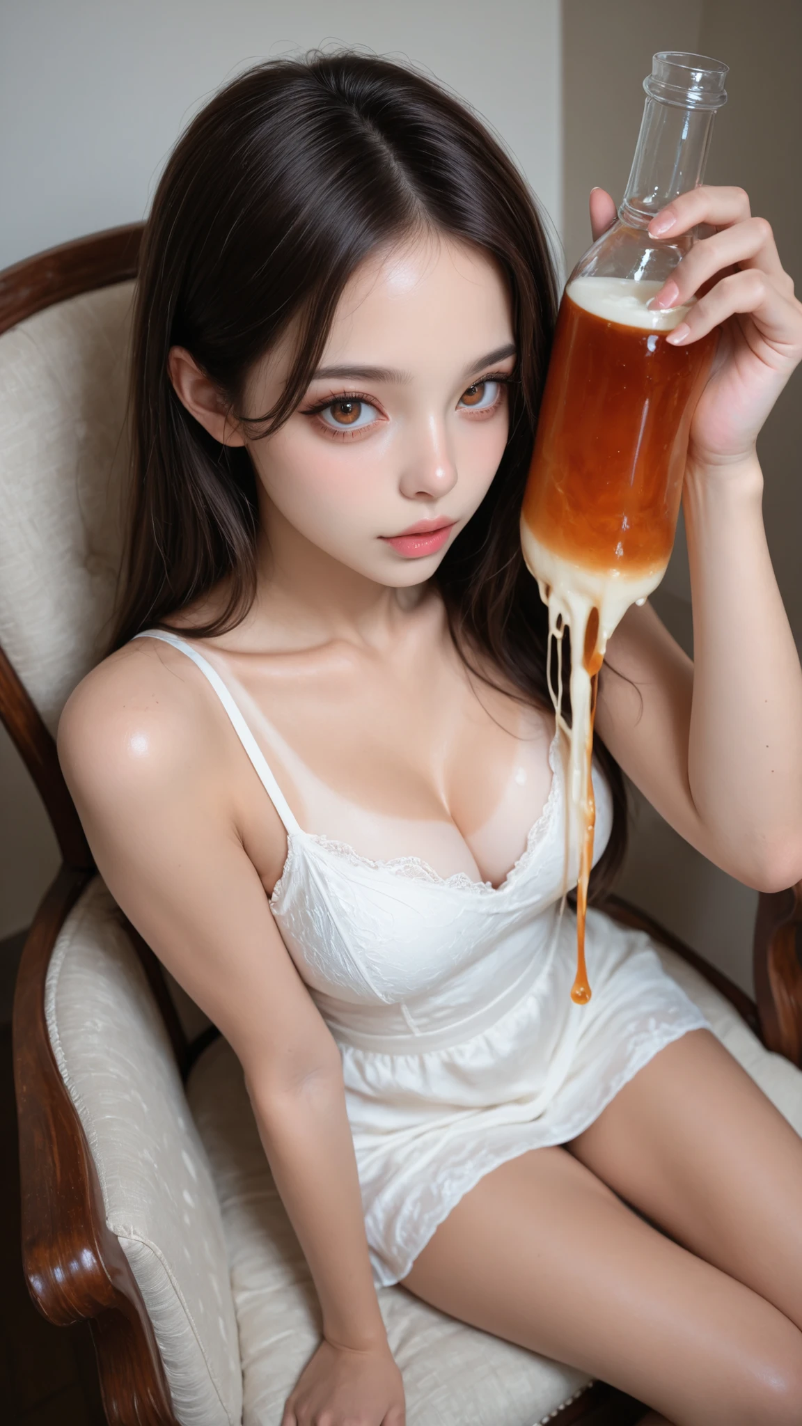 masterpiece, detailed_eyes, high_quality, best_quality, highres, subject_focus, depth_of_field, dynamic lighting, dynamic angle, breasts, Pale skin, tan skin, tan line, clear skin, natural skin, Charming and delicate big eyes, brown eyes, Charming cleavage, atmospheric perspective

(Youthful teenage girl:1.0), (full breast thigh slim waist:0.0), (outdoor:0.4), (indoor:0.6), (looking at viewer:0.6), (big eyes:1.0), barefoot, sitting on chair, (holding a bare white syrup:1.2)