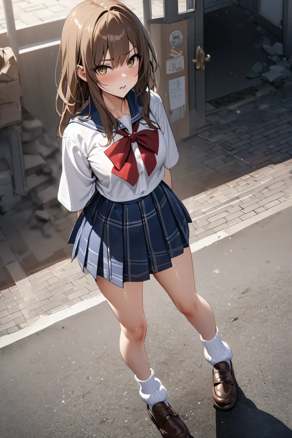 One girl, alone, View your viewers, skirt, Brown Hair, shirt, Long sleeve, bow, Twin tails, Brown eyes, , whole body, shoes, shoes下, Sailor collar, Black footwear, Twin Blade, Cosplay, blue bow, white shoes下, pink skirt, Photo Background, pink Sailor collar
