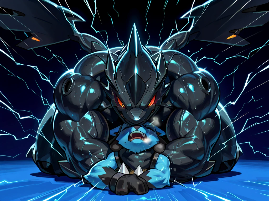 4k ultra quality, 4k full body view,masterpiece quality, large zekrom, small lucario, wrestling,Rear__Choke, choke_hold,(zekrom is giant bulky muscular, massive strong body, open eyes, evil grin, looking down, erectric shock, thunder body, sweaty, steamy breath,thick arm, tighten arm, choking neck with arm, behind lucario), (lucario is very small build, young, pain, close eyes, open mouth, lying on stomach, arched back, head between arm),motion blur, motion line, break, from below