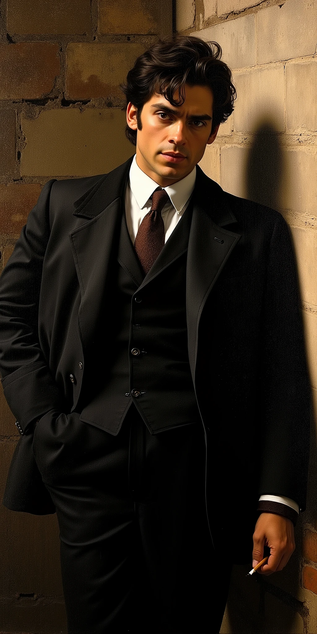 Baroque oil painting by Caravaggio circa 1600,Baroque oil painting by Caravaggio circa 1600,masterpiece, best quality, ultra detailed, intricate detail, an intimidating man in a perfectly tailored dark three-piece suit, sharp expression, menacing eyes, leaning casually against a grimy brick wall, a subtle smirk on his lips, holding a lit cigarette, the smoke curling ominously, film noir style, dramatic shadows, hard lighting from above, deep contrast, oil painting illustration, dark color palette, dynamic composition, (shot from a slightly low angle: 1.2), high resolution
