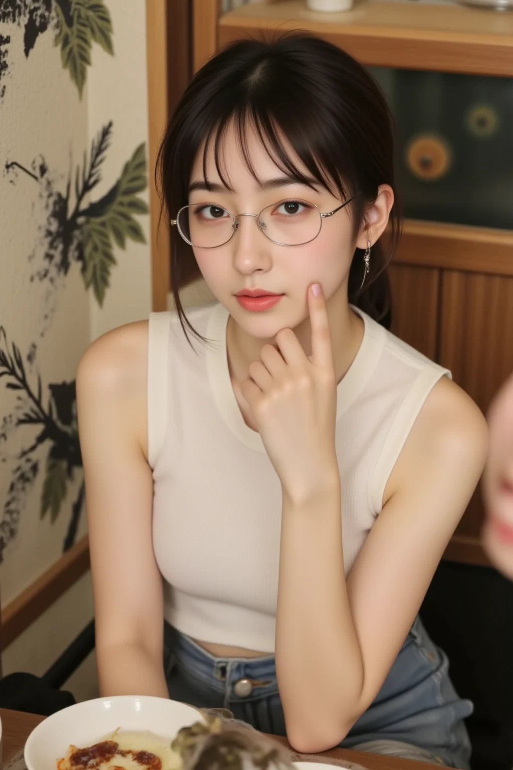 (8k, RAW photo, best quality, masterpiece, ultra detailed:1.2) (realistic:1.4) soft light (close up:1.2) leaning forward
BREAK 
1 Japanese idol (extremely detailed face, perfect eyes:1.2) (black frame glasses:1.5) detailed black low ponytail, pale skin, looking at viewer, smile, cute pose (:1.2) ( white shirt formal:1.5) , navel,  (wet clothes:1.2) navy skirt (skirt lift, white ,  peak:1.2) blurred background (beautiful beach:1.2) sunny