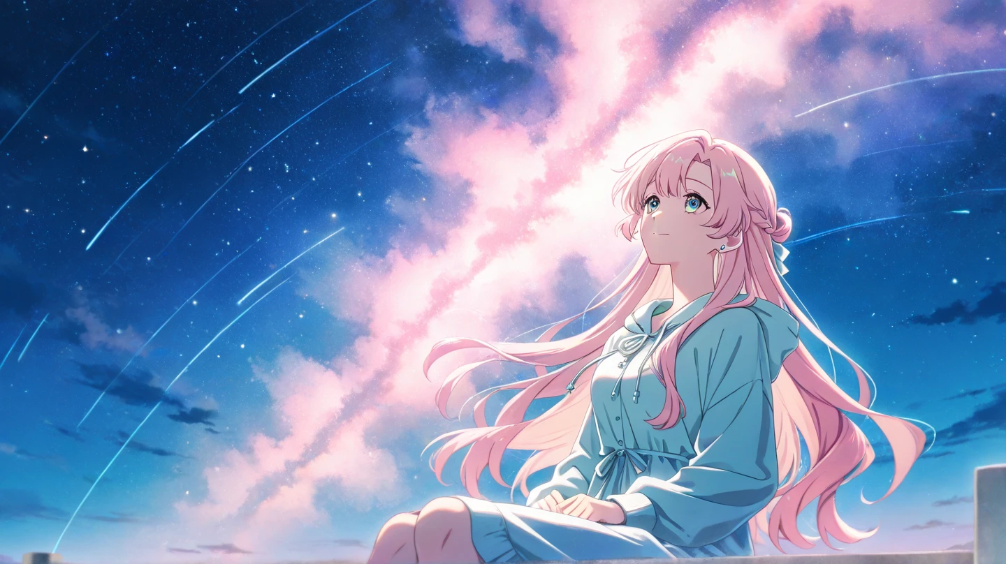 (((Highest quality、masterpiece、Ultra-fine、Ultra-fine、Exquisite、16K、Full HD,high school girl,))) 、Sitting,((Sad), (((profile,Looking up)))) 、Dark Eyes、Long eyelashes、White skin、(Pale pink lips、Pale pink cheeks、thin and long)、 ((cute)) ((One person)) 、((Glare)) 、Wide Shot、Space galaxy background、(A magnificent composition、epic proportion)、Dynamic lighting、
