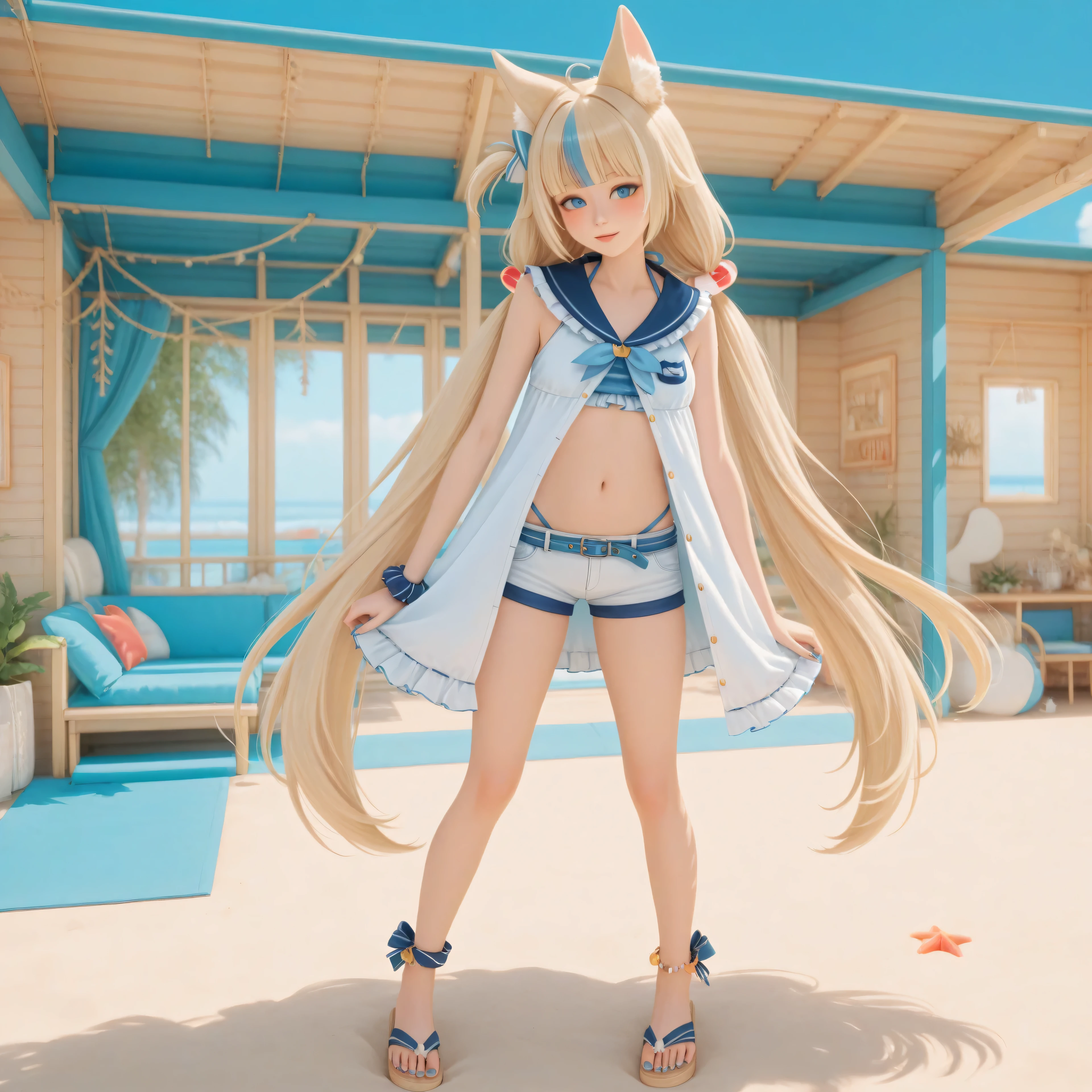 cinematic photo, (realistic, photorealistic:1.15), (masterpiece, best quality, newest, highres, absurdres:1), lazypos, masterpiece, high contrast, vibrant colors, high contrast, in front of beach house, at beach, standing, confident pose, legs spread, 1girl, blue eyes, blonde hair, blue hair, very long hair, streaked hair, ahoge, blunt bangs, low twintails, one side up, hair ornament, blush, cat ears, animal ear fluff, sailor dress, white dress, blue sailor collar, badge, wrist scrunchie, blue nails, navel, open dress, swimsuit under clothes, blue bikini, short shorts, blue belt, anklet, ankle bow, sandals,