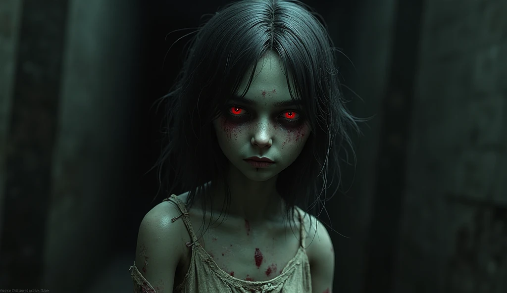  Young zombie girl , dark wavy hair,  ruby eyes ,  cold  expressions ,  Torn clothes,  stitches around the neck ,  dirty on the face ,  she is standing in a ruined city, AI realism .