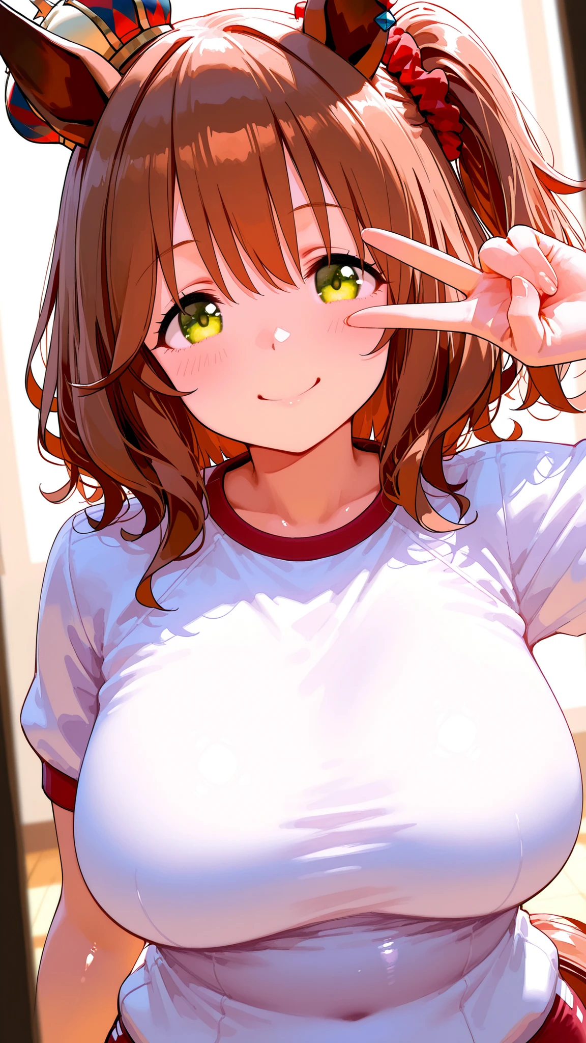 (close-up face), zoom in face, dutch angle, tilt shot, Enchanting Eyes, masterpiece, beautiful eyes, detailed eyes, detailed face, best quality, ultra-detailed, top quality, 8K, very aesthetic, intricate details, ((shiny skin)), gleaming skin, 
(upper body), (from front), at room, at simple room, 1 girl, Aston Machan \(umamusume\), green eyes, tareme, horse girl, horse ears, horse tail, head on mini crown, side ponytail, lightbrown hair, medium hair, hair ornament, red head scrunchie, white gym uniform, one eye closed, v over eye, closed mouth, smile, smiling, excited, joyful, medium breasts, (curvy), (chubby), plump, looking at viewer,