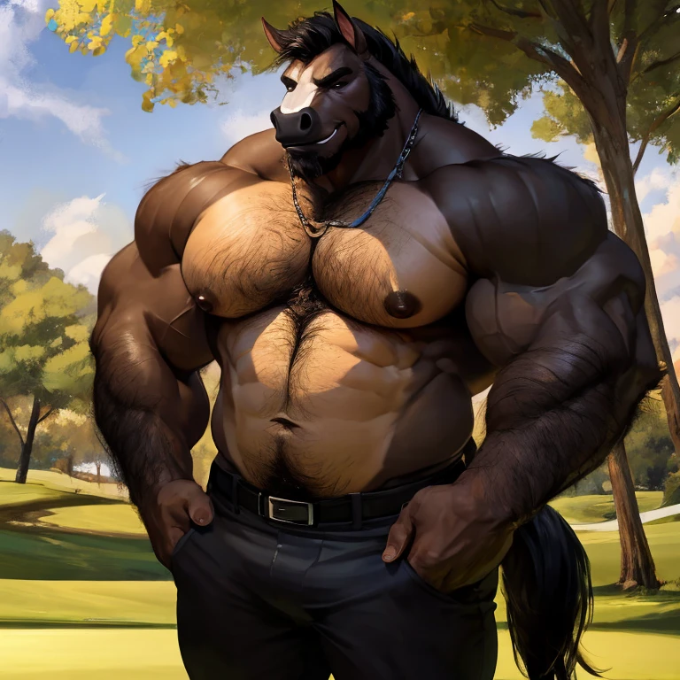 horse man, exaggeratedly alpha male, muscular, huge pecs(big:2.5), muscular thighs, malicious expression, white fur with black spots, flushed cheeks, blue eyes, farm, nicebulge.