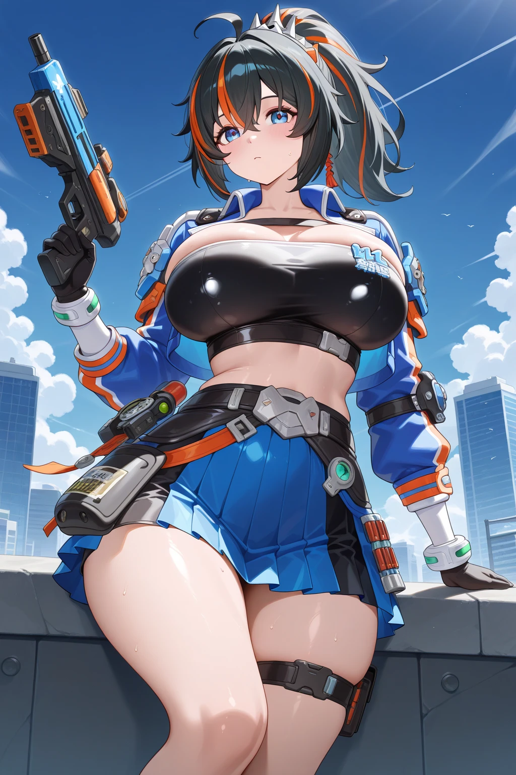 A blue-haired woman  her bunny girl costume