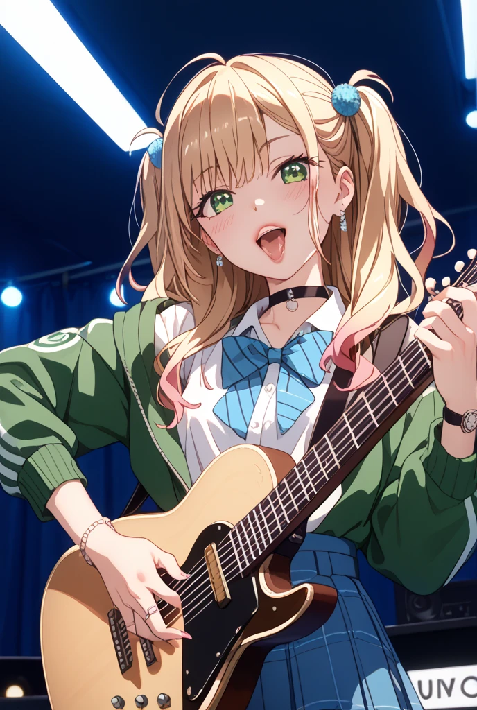 1girl, high school student, suit, white shirt, red ribbon bow necktie, pleaded skirt, ,  legs, white socks, brown shoes, blonde hair, medium hair, hazel eyes, beautiful detailed eyes, beautiful detailed face, cute face, slightly large , smile, age 16-18, solo, solo focus, (playing guitar, electric guitar), classroom backdrop, warm lighting, empty classroom