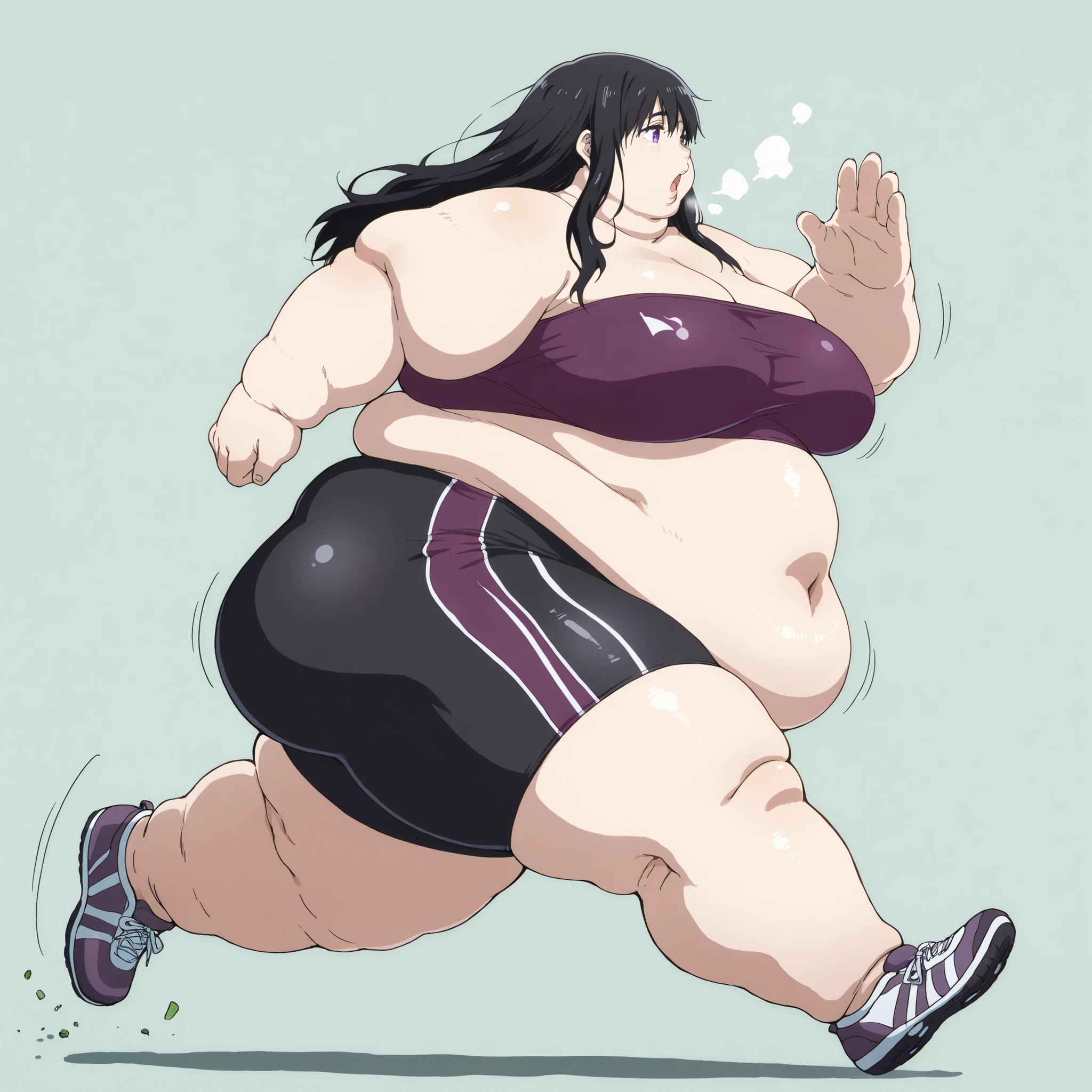 Naoka Ueno (character), Naoka (older appearance), long hair, 1girl, solo, black hair, long hair, purple eyes, tube top, bike shorts, shoes, running, jogging, breasts, fat, chubby, obese, fat neck, multiple chins, big breasts open mouth, out of breath, Larger female, full body shot, only head, large head, oversized limbs, large hands, large feet, oversized feet, oversized fingers, big lips, plump lips, fat face, fupa, big fupa, fat fupa, side view 