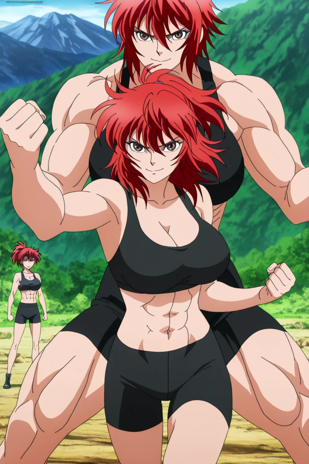 傑作, Best quality, Best resolution, Best image quality, amazing quality, very aesthetic, absurdres, anime coloring, anime screencap, anime screenshot, 1girl, shoko, red haired anime girl, classic girl, Vibrant, girl, created by Anime Painter Studio, handsome, Girl Romance, brave, anime style, ponytail hair, medium hair, Hair between the eyes, red hair, A faint smile, bangs, brown eyes, visual Novel, official anime art style, Colored Sketches Anime Manga Panels, handsome atmosphere, muscular girl, 2010s anime art style, , cleavage, , large , collarbone, trapezius, anime comic, painted in the anime artist studio, アニメ調で, feminine muscles, screen cap, outfit:pitch black sports bra, girl is wearing a pitch black bike shorts, アニメ!!!!, portrait of a beautiful animationh, tight sports bra, tight bike shorts, deltoids, navel, midriff, abs, stomach, biceps, triceps, brachioradialis, hamstrings, adductor magnus muscles, painted in the anime artist studio, plain sports bra, real anime art style, digital anime artstyle!!, basic sports bra,  shoulders,  arms,  legs, sports bra and bike shorts only, made by bow water art style, Enchanting anime girl, anime screencap, anime screenshot, looking at viewer, cowboy shot, girl focus, standing, outdoors, Mountain trail, tomboy atmosphere, a manly girl, boyish atmosphere, muscles training,  girl poses dynamically,  combat posture, (battle,A man in a business suit confronts a thug,the thug is huge,fighting), 