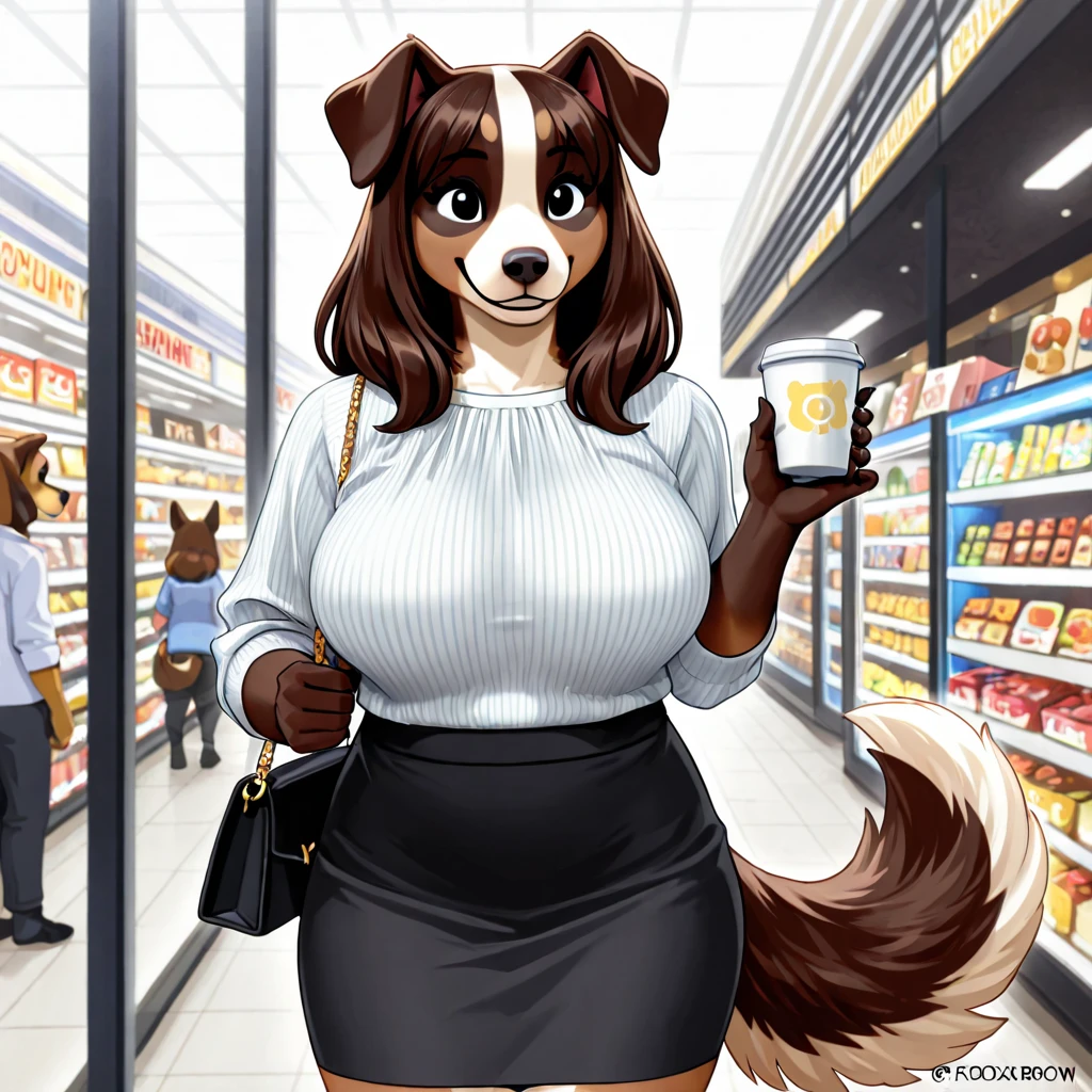 By bebebebebe, by lostgoose, by goonie-san, futa, ((canine, snout, hair covering eyes, straight hair, medium hair, flat hair, ears, thin snout)), brown fur, big poofy tail, raised tail, dark maroon hair, muscular, big breasts, smiling, solo, looking at shelves, grocery store aisle, shelves of products, food packages, grocery store, red puffer jacket, jeans, standing, reaching up to grab something