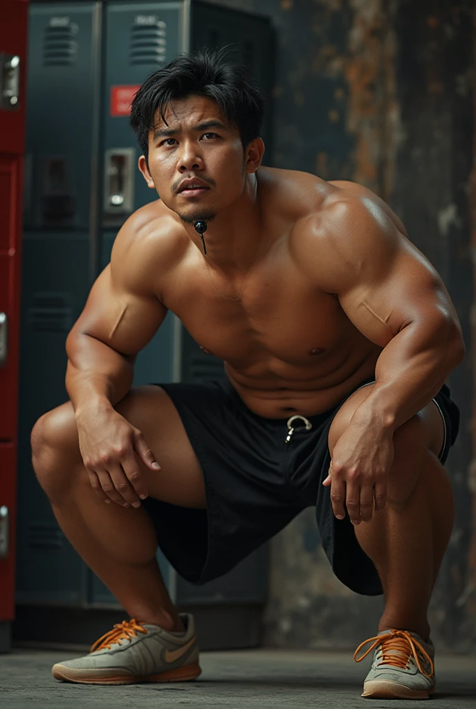 A sporty sunburnt barefoot himbo street fighter dagestani guy with a hot  dressed in a worn dirty black Adidas sweatpants trains in an abandoned criminal area. After a hard fight, he flexes his muscles, showing off his sweaty, juicy, trained  abs.  bruises on the body.  Agony. half smile. Desperate face. Brown eyes,  very short tousled hair. Fighting epic pose. Dirty  feet heels.  body. 8K UHD, detailed face, high quality 