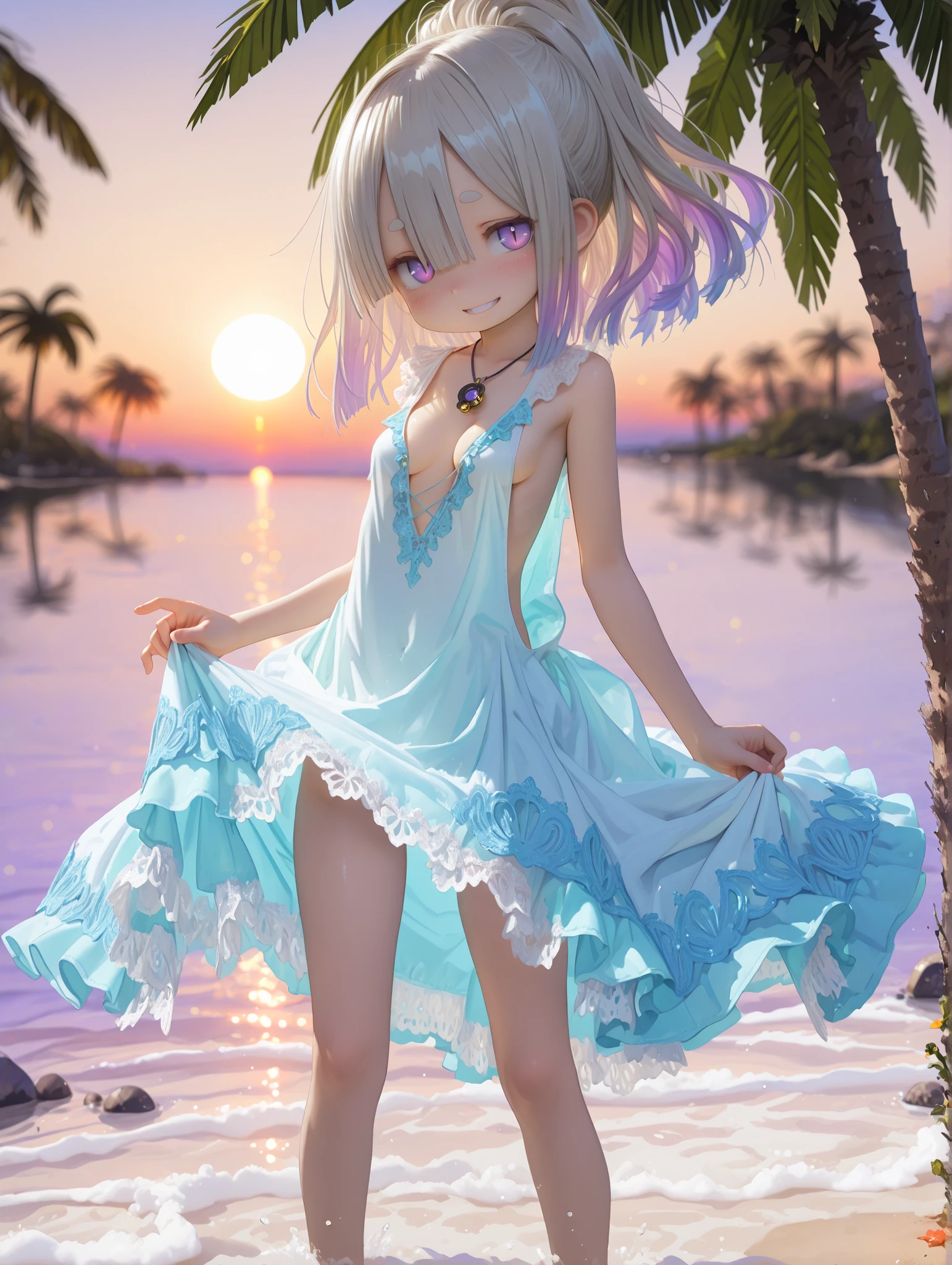 by Tsukushi Akihito,((Tsukushi Akihito style)), ((Masterpiece)), ((best quality, amazing quality)), ((very aesthetic, absurdres, newest)), (no lineart:1.5), ((detailed background, negative space, blurry background, depth of field, Asymmetrical background)), (from side), ((high contrast backlighting, sharp shadow edges, high contrast body outline)), ((1girl, solo)), ((1girl on the far right side of the image, off-center to the right)), Cute young Girl, (Healthy Gaunt body, Textured skin, medium , tilt head), Glossy hair, (hair between eyes, long bangs, long side bangs), (medium hair, platinum-gold hair, high ponytail, gradient hair), ( smile), very grin, blush, Thin and short eyebrows, (slit pupils, pale purple eyes, glitter eyes, gradient eyes, averting eyes, looking at side), big eyes, (short eyebrows), glossy lips, pouty lips, (lower eyelashes), BREAK, ((loose white flapper dress, sleeveless dress, indigo blue embroidery, lace trim, frills, sheer flapper dress, low-cut armhole, slightly exposed cleavage)), (see-through silhouette:0.7), silhouette, Beautiful collarbones, ((Pull the skirt and spread it out, pull by self, grabbing skirt)), primitive decorative necklace, (contrapposto, barefoot standing in shallow sea water, calm turquoise ocean, ), palm tree, outdoor, tropical country, Beautiful Horizon landscape, wind blow, (sunset, twilight), fluttering wildly, ethereal, dreamlike, fantasy,