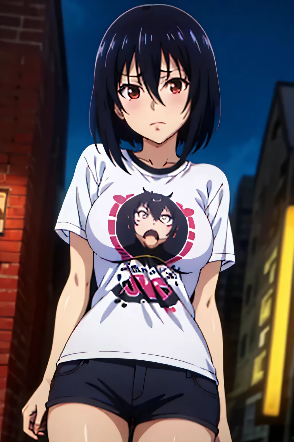 (highest quality, 8k, High resolution, masterpiece:1.2), (anime coloring:1.2), Hyper Detail, Brown eye, Black Hair, Hair between the eyes, Medium Hair, 1 girl, Perfect Face, eye_Light_big, Small medium breast, Soft impression, alone, (T-shirt, shorts, thighs, cyberpunk style, night city, neon lights), Cowboy Shot, dutch angle, looking at viewer,