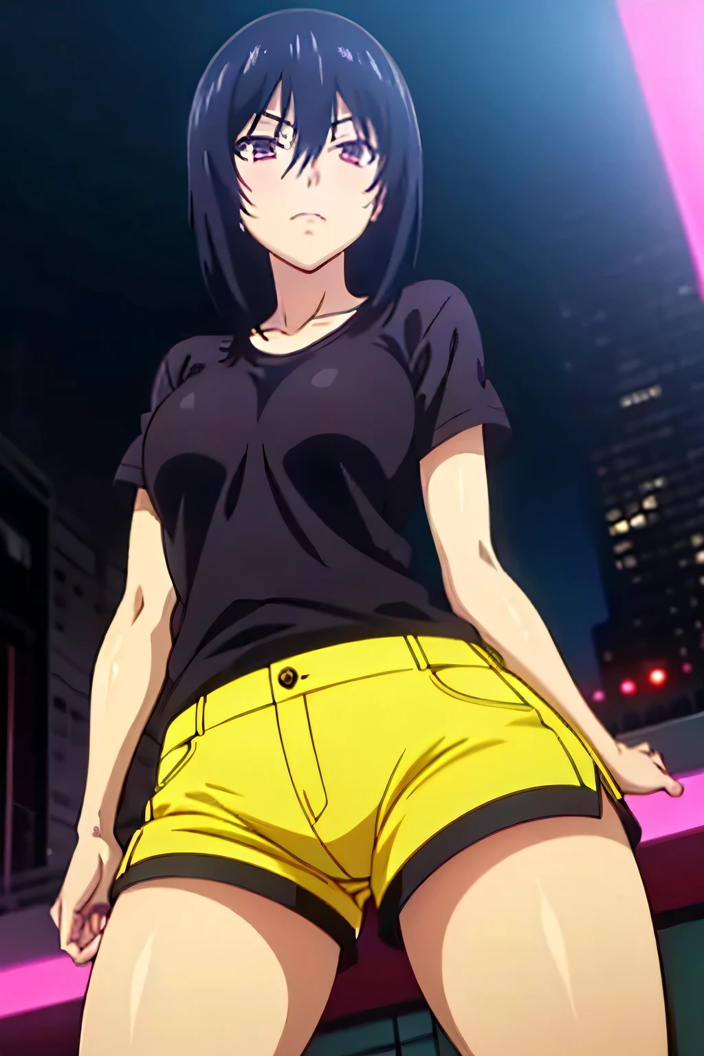 (highest quality, 8k, High resolution, masterpiece:1.2), (anime coloring:1.2), Hyper Detail, Brown eye, Black Hair, Hair between the eyes, Medium Hair, 1 girl, Perfect Face, eye_Light_big, Small medium breast, Soft impression, alone, (T-shirt, shorts, thighs, cyberpunk style, night city, neon lights), Cowboy Shot, dutch angle, looking at viewer,