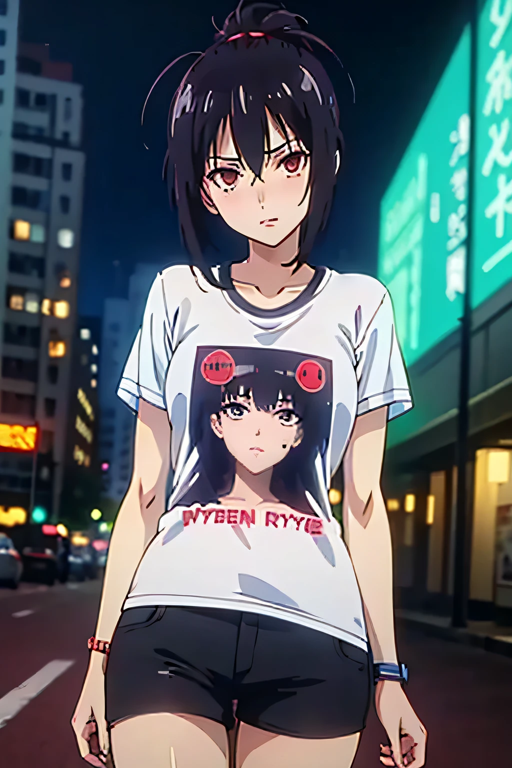 (highest quality, 8k, High resolution, masterpiece:1.2), (anime coloring:1.2), Hyper Detail, Brown eye, Black Hair, Hair between the eyes, Medium Hair, 1 girl, Perfect Face, eye_Light_big, Small medium breast, Soft impression, alone, (T-shirt, shorts, thighs, cyberpunk style, night city, neon lights), Cowboy Shot, dutch angle, looking at viewer,