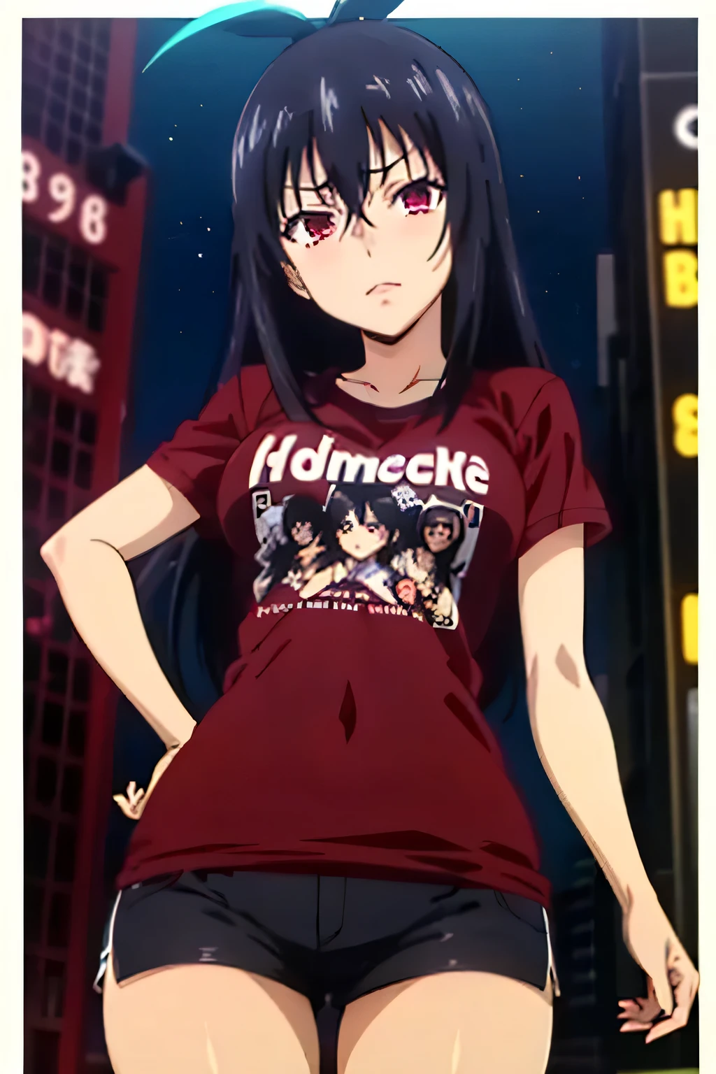 (highest quality, 8k, High resolution, masterpiece:1.2), (anime coloring:1.2), Hyper Detail, Brown eye, Black Hair, Hair between the eyes, Medium Hair, 1 girl, Perfect Face, eye_Light_big, Small medium breast, Soft impression, alone, (T-shirt, shorts, thighs, cyberpunk style, night city, neon lights), Cowboy Shot, dutch angle, looking at viewer,
