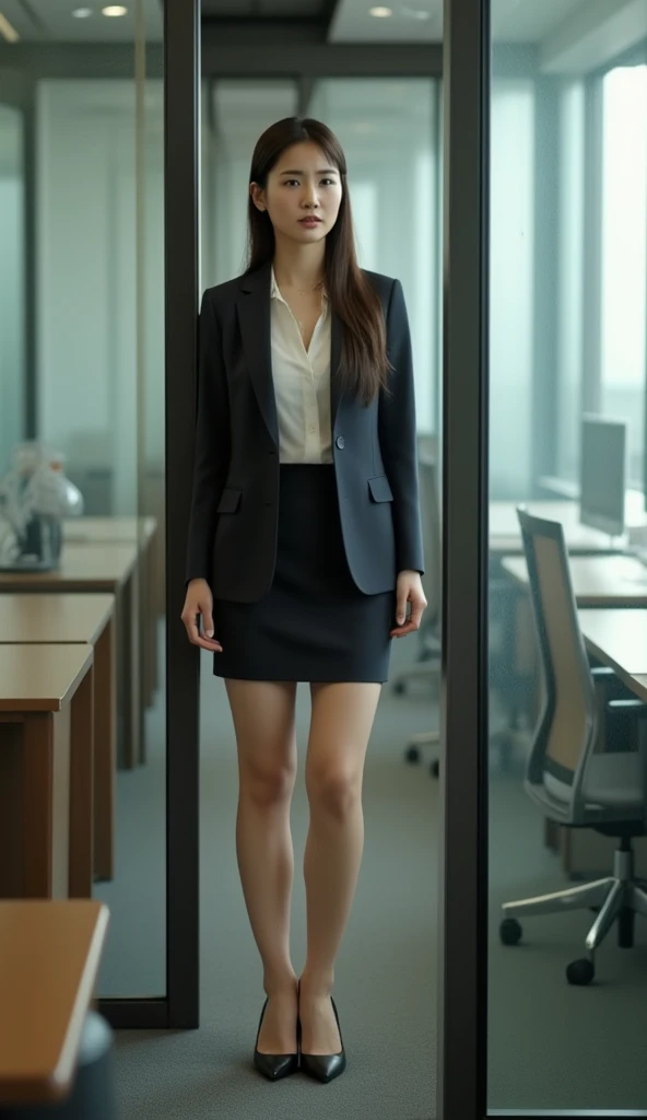 President of Beauty，Small suit，Full chest，Skirt that wraps hips，blackstockings，high-heels，eye glass，office room，office desk，Boss chair，Bay window，high rise，It was raining outside the window，Urban buildings，