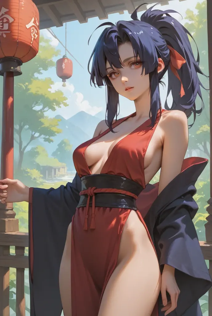 Inocente girl (asura art style:0.7), punctuation_9, punctuation_8_High above, punctuation_7_High above, punctuation_6_High above, no censure, princess peat black hair, side block, white hairband, Eyes red, break (work of art:1.2), best qualityer, high resolution, (detailedeyes:1.3), perfect lighting, (perfect hands, Perfect Anatomia), breasts big, a beautiful woman, kimono,  one shoulder, Heart, sitting down, front viewer, Tori, flowers, Thu, fog, hand sHigh aboveport,