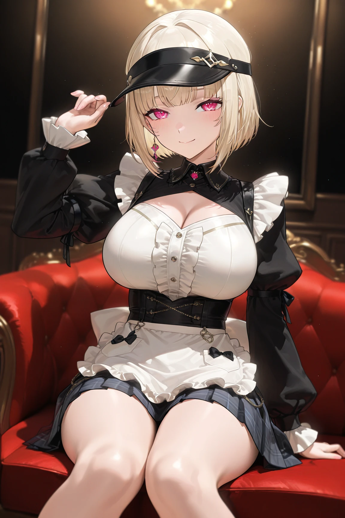 masterpiece, absurdres, best quality, ultra detailed, high Resolution, detailed illustration, extremely beautiful detailed face and eyes, Delicate beautiful face, bright colour, 1girl, cute face, magenta eyes, sparkling eyes, big eyes, medium breasts, (perky breasts:1.1), (pointy breasts:1.1), medium hips, glamorous body, white skin, happy, BREAK, long bob cut, (blonde hair:0.8), messy hair, detailed hair, shiny hair, BREAK sweater, tiny ribbon, real world, natural lights, perfect lighting, outdoor, from below,