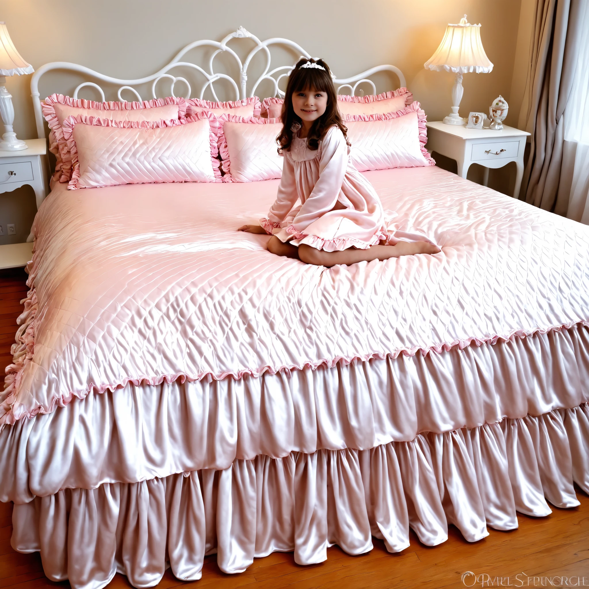 girl on the bed,plump quilted silk satin nightgown, long sleeves only,ruffle sleeve,fingerless children's mittens, bed with pile of silk satin pillows,Sissy Canopy Bed,king size bed,Bigger bed,Lots of Frilled Pillows,More pillows, plump quilted silk satin veil,Ruffle Lace Silk.retro white pipe bed frame, large silk satin ruffle duvet covers the entire bed,