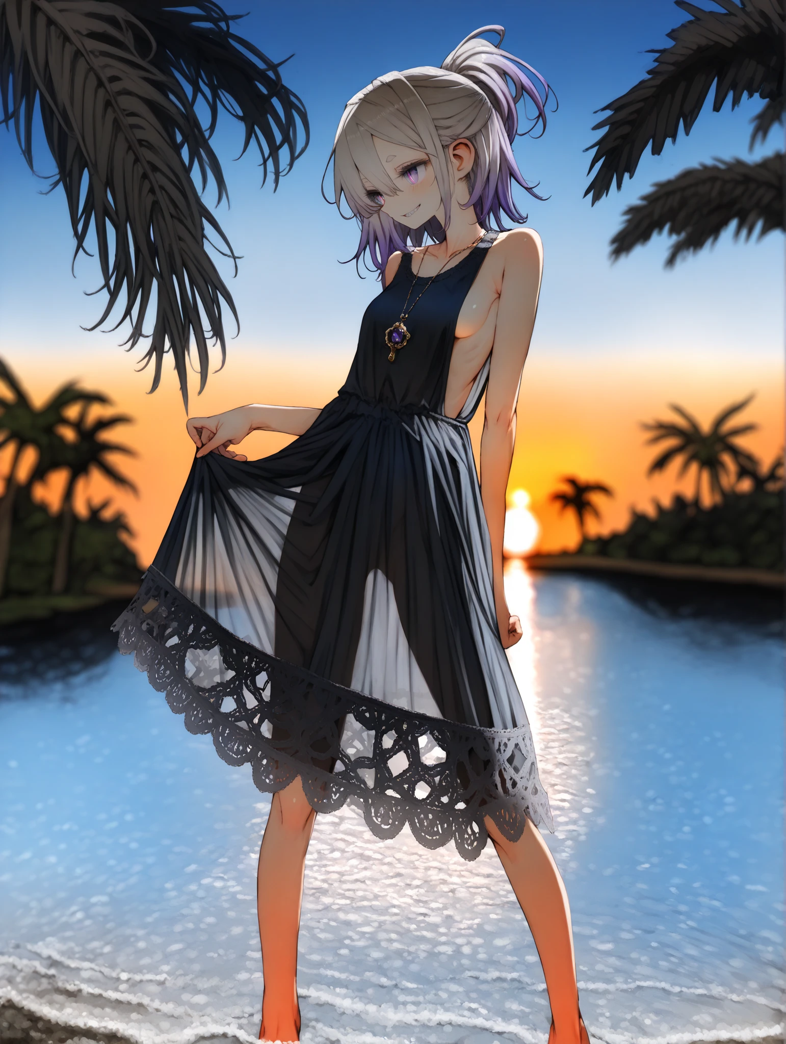 ((toi8 style)), ((Masterpiece)), ((best quality, amazing quality)), ((very aesthetic, absurdres, newest)), ((detailed background, negative space, blurry background, depth of field, Asymmetrical background)), (from side, profile), ((high contrast backlighting, sharp shadow edges, high contrast body outline)), ((1girl, solo)), ((1girl on the far right side of the image, off-center to the right)), Cute young Girl, (Healthy Gaunt body, Textured skin, medium , tilt head), Glossy hair, (hair between eyes, long bangs, long side bangs), (medium hair, platinum-gold hair, high ponytail, gradient hair), ( smile), very grin, blush, Thin and short eyebrows, (slit pupils, pale purple eyes, glitter eyes, gradient eyes, averting eyes, looking at side), big eyes, (short eyebrows), glossy lips, pouty lips, (lower eyelashes), BREAK, ((white flapper dress, sleeveless dress, indigo blue embroidery, lace trim, frills, sheer flapper dress, low-cut armhole, slightly exposed sideboob)), (see-through silhouette:0.7), silhouette, Beautiful collarbones, ((Pull the skirt and spread it out, pull by self, grabbing skirt)), primitive decorative necklace, (contrapposto, barefoot standing in shallow sea water, calm turquoise ocean, ), palm tree, outdoor, tropical country, Beautiful Horizon landscape, wind blow, (sunset, twilight), fluttering wildly, ethereal, dreamlike, fantasy,