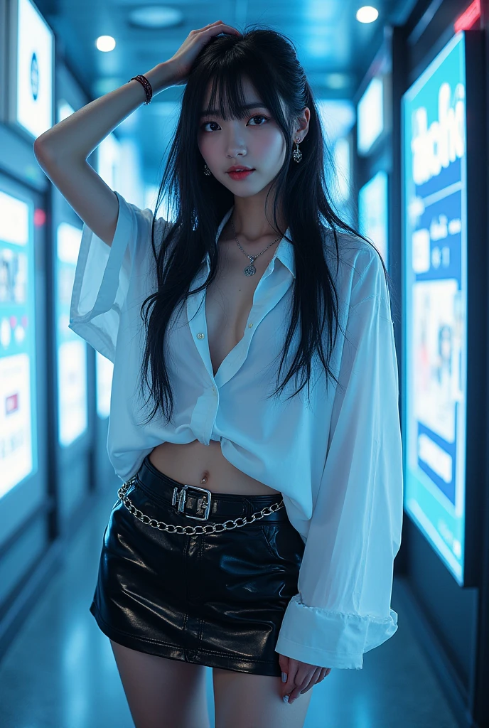 Game Art，Best image quality，Maximum resolution，8K，((A bust photo))，( white silk shirt)，((Dark blue skinny jeans))，((portrait))，(Rule of Thirds)，Unreal Engine 5 rendering works， (Future girl)，(Female Warrior)， 22-year-old young hacker)，(Oriental hairstyle)，(Beautiful eyes full of details)，(Large Breasts)，(Eyeshadow)，Elegant and charming，indifferent，((frown))，(Work white shirt，这套服装融合了Dark blue skinny jeans，Clothing is decorated with glittering patterns and emblems)，Cyberpunk Characters，in the style of futuristic， Photo poses，City background，lamp，Ray Tracing，Game CG，((3D Unreal Engine))，OC rendering reflection mode