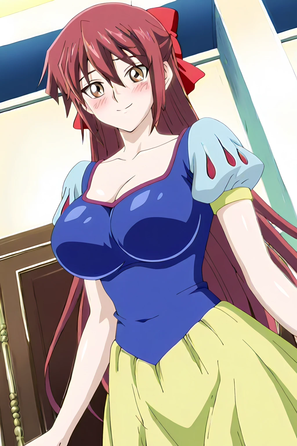 傑作、Best quality、Best resolution、Best image quality、amazing quality、 very aesthetic、 absurdres、anime coloring、anime screencap、anime screenshot、very delicate and beautiful、1girl、 <lora:Asuka_Tenjoin_Noob_Lora:1>、Asuka T、solo、blonde hair 、brown eyes 、hair between eyes 、long hair 、straight hair 、very long hair 、collarbone 、covered trapezius 、covered breasts、big breasts 、covered cleavage 、large breasts 、covered boobs、large boobs 、covered tits、large tits 、covered deltoids 、mature lady、<lora:snow-white-cosplay-illustriousxl-lora-nochekaiser:1>、snow white cosplay、snow white (disney) (cosplay)、cosplay、dress、red hair bow、puffy and slash sleeves、puffy short sleeves、puffy sleeves、red bow、light blue short sleeves、yellow skirt、navy blue dress、stage、stage set、standing、indoors、smile、blush、looking at viewer、cowboy shot、dutch angle、