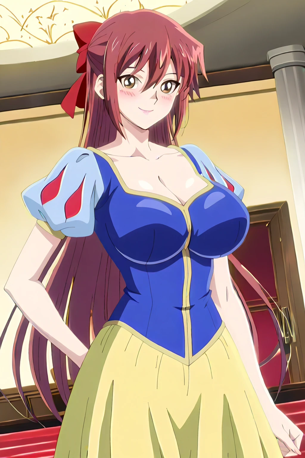 傑作、Best quality、Best resolution、Best image quality、amazing quality、 very aesthetic、 absurdres、anime coloring、anime screencap、anime screenshot、very delicate and beautiful、1girl、 <lora:Asuka_Tenjoin_Noob_Lora:1>、Asuka T、solo、blonde hair 、brown eyes 、hair between eyes 、long hair 、straight hair 、very long hair 、collarbone 、covered trapezius 、covered breasts、big breasts 、covered cleavage 、large breasts 、covered boobs、large boobs 、covered tits、large tits 、covered deltoids 、mature lady、<lora:snow-white-cosplay-illustriousxl-lora-nochekaiser:1>、snow white cosplay、snow white (disney) (cosplay)、cosplay、dress、red hair bow、puffy and slash sleeves、puffy short sleeves、puffy sleeves、red bow、light blue short sleeves、yellow skirt、navy blue dress、stage、stage set、standing、indoors、smile、blush、looking at viewer、cowboy shot、dutch angle、
