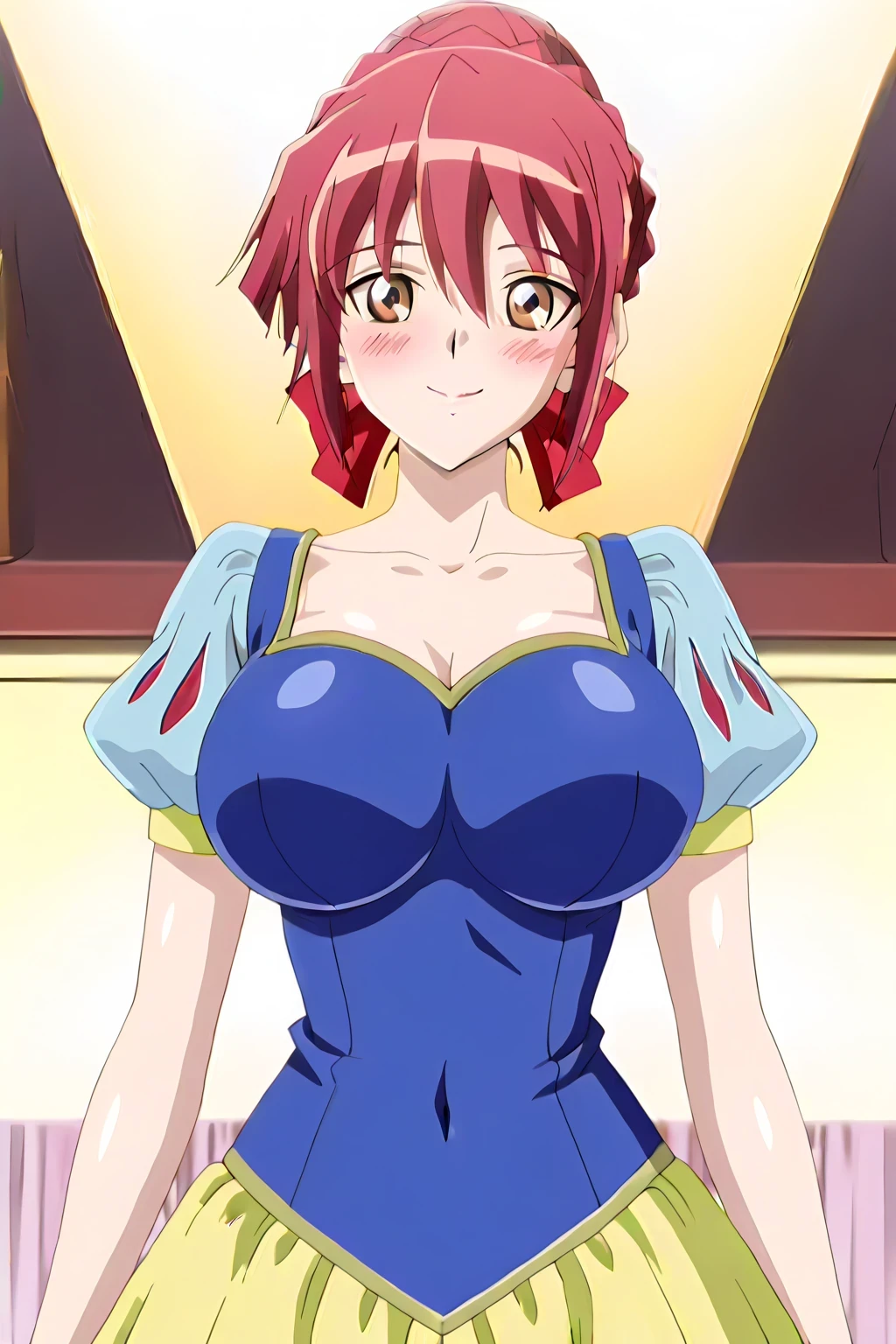 傑作、Best quality、Best resolution、Best image quality、amazing quality、 very aesthetic、 absurdres、anime coloring、anime screencap、anime screenshot、very delicate and beautiful、1girl、 <lora:Asuka_Tenjoin_Noob_Lora:1>、Asuka T、solo、blonde hair 、brown eyes 、hair between eyes 、hair bun 、single hair bun 、braid bun 、collarbone 、covered trapezius 、covered breasts、big breasts 、covered cleavage 、large breasts 、covered boobs、large boobs 、covered tits、large tits 、covered deltoids 、mature lady、<lora:snow-white-cosplay-illustriousxl-lora-nochekaiser:1>、snow white cosplay、snow white (disney) (cosplay)、cosplay、dress、red hair bow、puffy and slash sleeves、puffy short sleeves、puffy sleeves、red bow、light blue short sleeves、yellow skirt、navy blue dress、stage、stage set、standing、indoors、smile、blush、looking at viewer、cowboy shot、dutch angle、