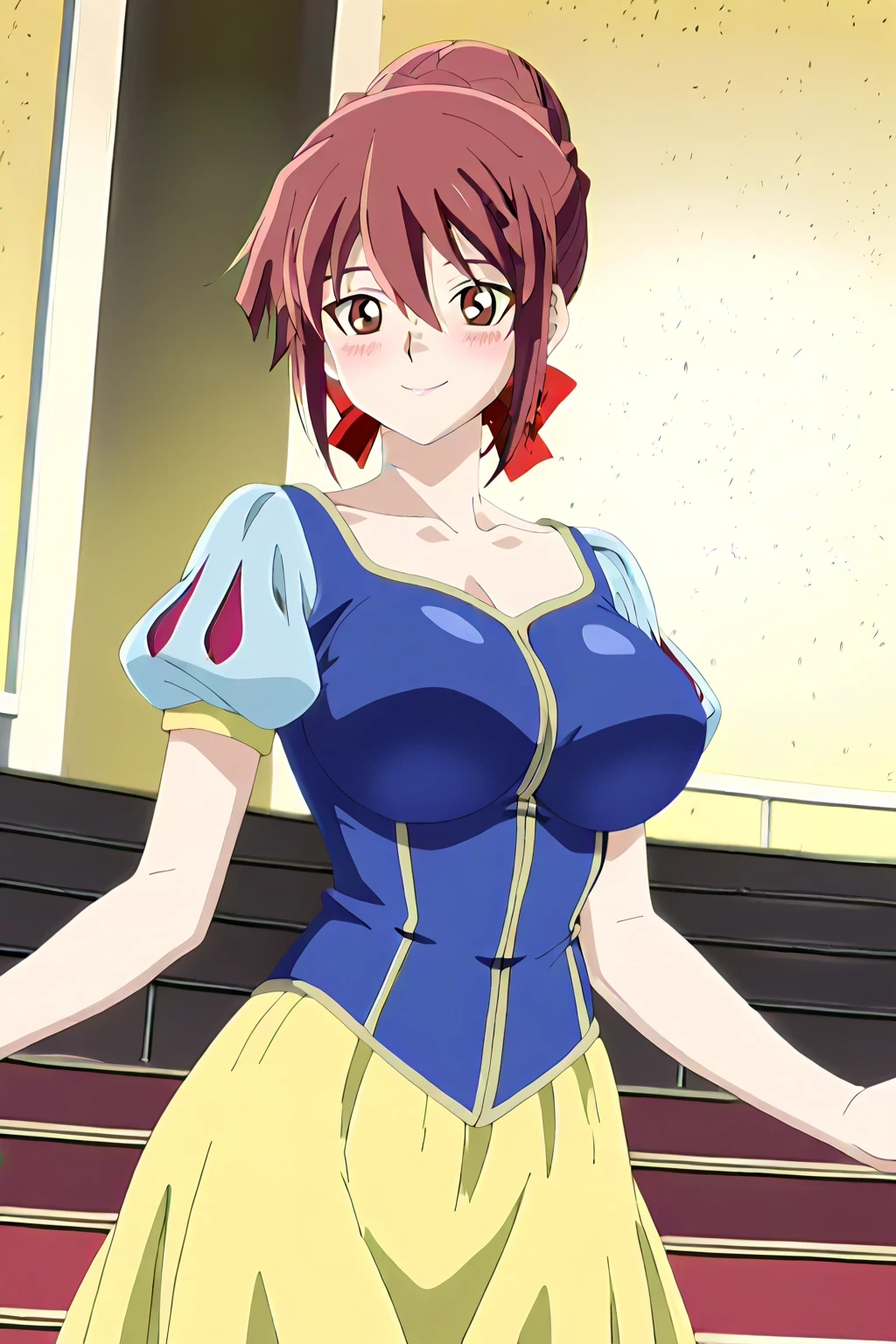 傑作、Best quality、Best resolution、Best image quality、amazing quality、 very aesthetic、 absurdres、anime coloring、anime screencap、anime screenshot、very delicate and beautiful、1girl、 <lora:Asuka_Tenjoin_Noob_Lora:1>、Asuka T、solo、blonde hair 、brown eyes 、hair between eyes 、hair bun 、single hair bun 、braid bun 、collarbone 、covered trapezius 、covered breasts、big breasts 、covered cleavage 、large breasts 、covered boobs、large boobs 、covered tits、large tits 、covered deltoids 、mature lady、<lora:snow-white-cosplay-illustriousxl-lora-nochekaiser:1>、snow white cosplay、snow white (disney) (cosplay)、cosplay、dress、red hair bow、puffy and slash sleeves、puffy short sleeves、puffy sleeves、red bow、light blue short sleeves、yellow skirt、navy blue dress、stage、stage set、standing、indoors、smile、blush、looking at viewer、cowboy shot、dutch angle、