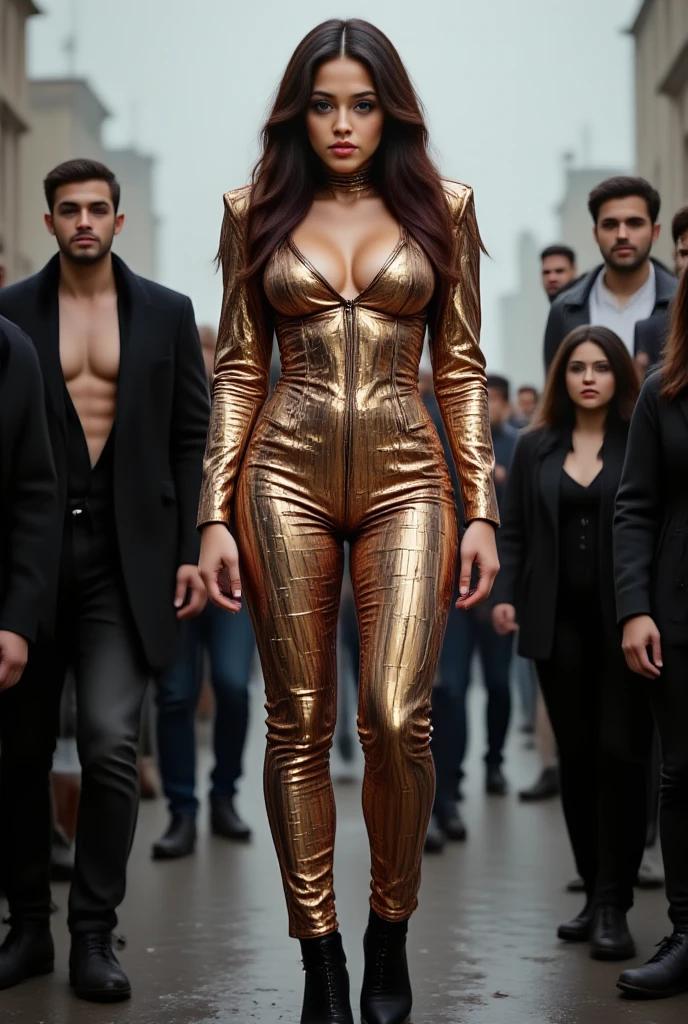 Full body photo of Aishwarya rai as  model, yellow micro , (((knee high boots))), ((catwalk in ramp, surrounded by men)), bright day scene, mature athletic curvaceous hourglass figure, massive cleavage, look at camera, ((bob cut hair)), (( 50 yo MILF figure)), soft volumetric lights, intricate details, (ArtStation:1.2)