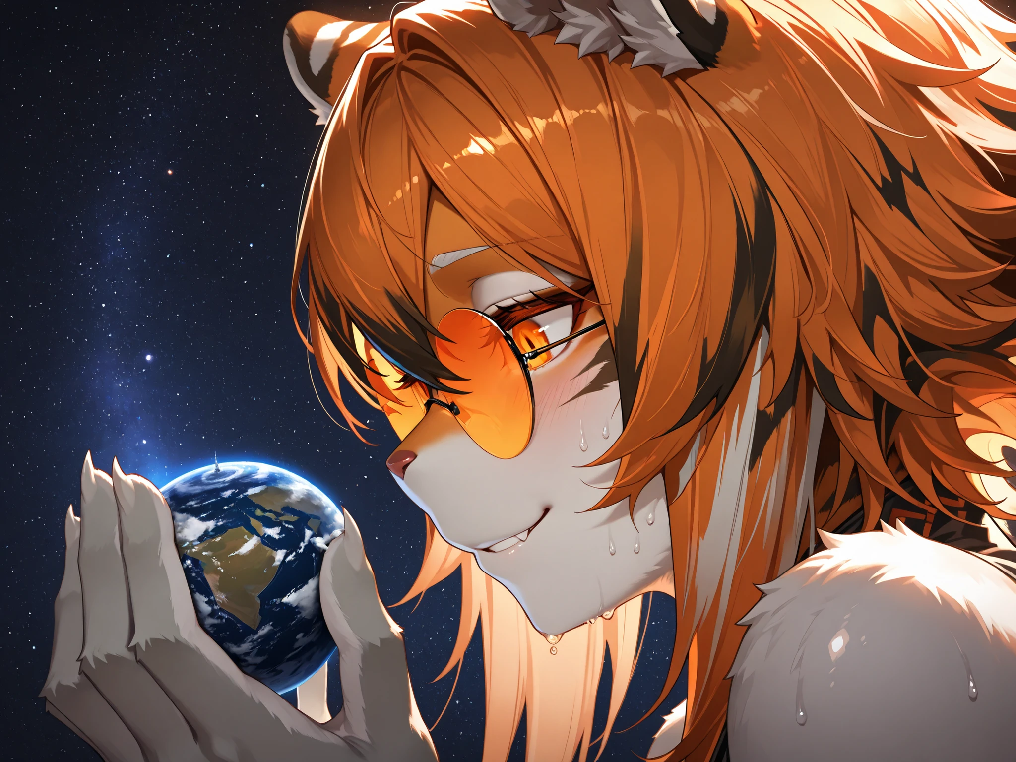 waaifu_arknights, (masterpiece, Highest quality, Ultra-high resolution), Glossiness, shiny, sweat, steamy, furry female, tiger ears, orange hair, tiger girl, short hair, multicolored fur, tiger tail, orange-tinted eyewear, cool backlight, macro, giantess, tiny planet, space giantess , deep space background, (focus on face), (close up), focus on eyes, lewd smile, hand on planet
