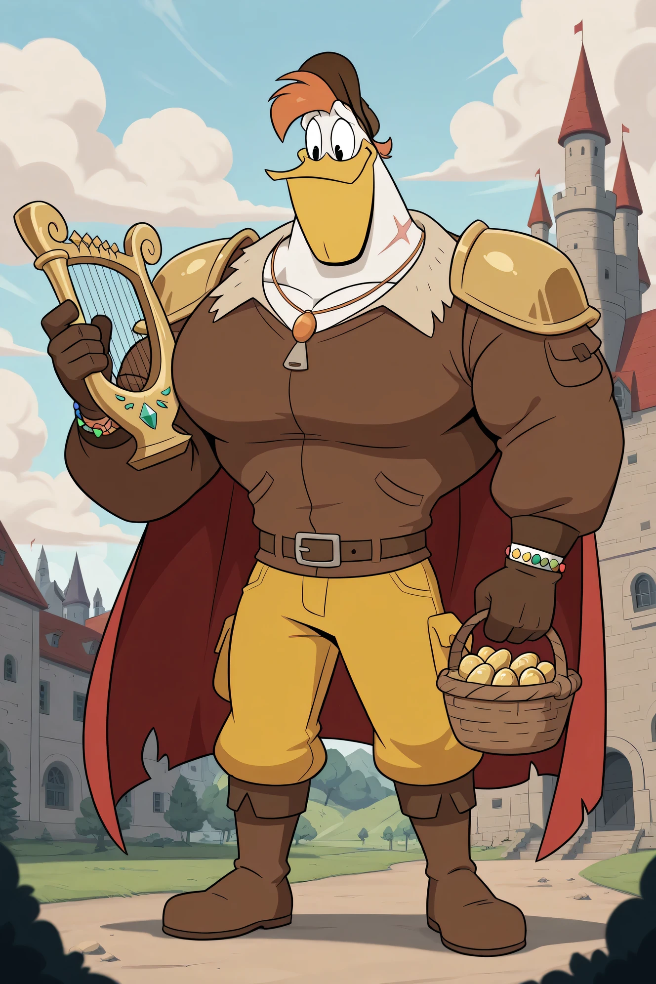 masterpiece, best quality, amazing quality, official style, giant strong launchpad mcquack, male, furry male, anthro, solo, duck, white body with scars, orange hair, short hair, black eyes, yellow beak, webbed feet, yellow feet, muscular body, brown hat, brown vest, ripped green shirt long sleeves, orange necklace, golden bracelets, golden shoulder pads, wearing a ripped very long red cape, bigger brown gloves, belt, ripped long dark yellow pants, (bigger wrestler brown boots), standing, holding a basket of golden eggs coins, colorful jewels, diamonds and a golden harp, ginomous biceps, enormous pectorals, outdoors, powerful smile expression, clouds background, big castle micro background, blue sky and clouds background, fairytale fantasy scene, giant size, macro size, 50-foot size, 100-feet tall, a green giant beanstalk behind. 