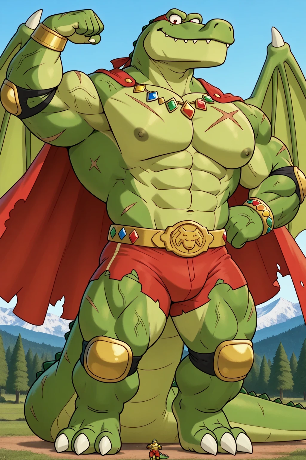 A Green Giant Max the crocodile as a weredragon, furry, (anthro), male, red eyes, looking at viewer, 2 biggest dragon wings ginomous biceps, enormous pectorals, detailed abs, muscular body, flexing his powerful muscles pose, bouncing pecs, muscular abs, (adult), wearing red underpants, long tail, standing, powerful smile, sharp teeths, sharp claws, solo, 1 boy, saturaded colors, giant size, macro size, scars, veins, 50-foot size, 100 feet tall, a green giant monster kaiju, castle background, field and forest background, mountains and beanstalk behind, blue sky background, golden armor with colorful jewels, golden chest with colorful jewels, golden wrestler champions belt, Red headband, Golden wrist tape, Golden elbow pads, Golden kneepads, ripped red underpants, red underpants, bigger golden bracelets with colorful jewels, golden necklaces with colorful jewels, red tattoos, scars on the body, big feets, ripped very long red prince cape, cartoon, anthro, anthro male, a green scale muscular body with ginormous biceps, enormous pectorals and powerful abs, giant size, macro size, 50-foot size, 100-feet tall.