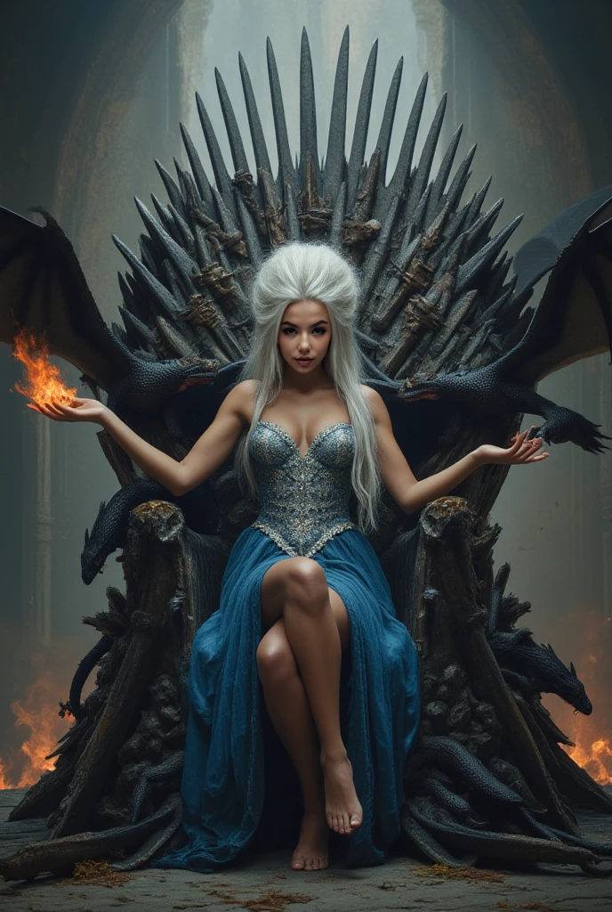 ultra realistic, photography, long white hair, girl, 24 years old, hourglass figure, perfect body, small , Flirty look, she is sitting on a throne, wearing a gold dress, destroyed city in the background, the city is in flames and destroyed, (full body shot:1.1) photorealistic image of a (sitting pose:1.1) woman, full body, wide angle, wide angle shot, a small dragon is sitting at her feet