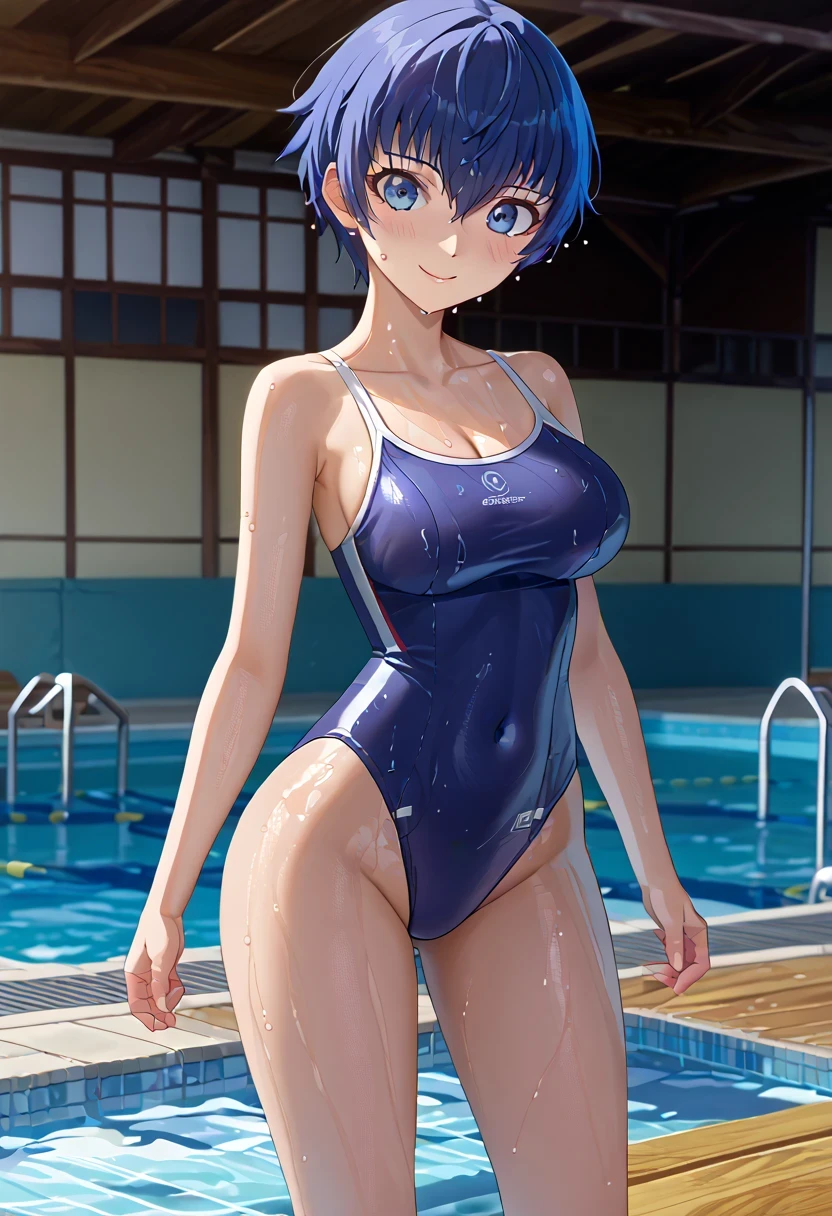 score 9 、score 8 up、score 7 up、source anime、傑作、best quality、best resolution、best image quality、anime coloring、anime screencap、anime screenshot、1girl、Naoto Shirogane、<lora:persona4_shirogane_ponyXL:1>、solo、blue hair、short hair、blue eyes、big breasts、cleavage、large boobs、standing、smile、androgynous、<lora:competition-school-swimsuit-ponyxl-lora-nochekaiser:1>、competition school swimsuit、school swimsuit、trace swimsuit、blue one-piece swimsuit、one-piece swimsuit、swimsuit、wet swimsuit、single vertical stripe、high leg cut、collarbone、trapezius、covered navel、bare shoulders、barearms、bare crocth、bare hips、bare thighs、bare legs、female focus、looking at viewer、cowboy shot、pool、poolside、