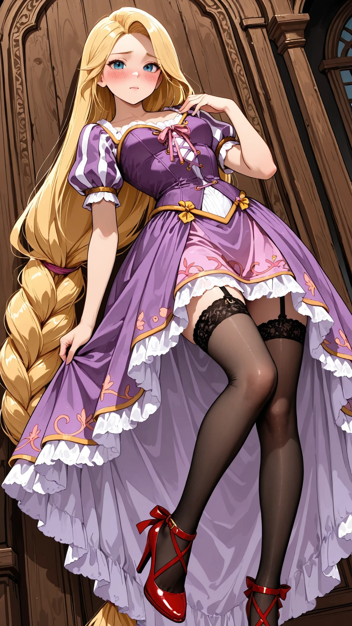 rapunzel skirt, body, Black Longstockings,red high heels, Blush,