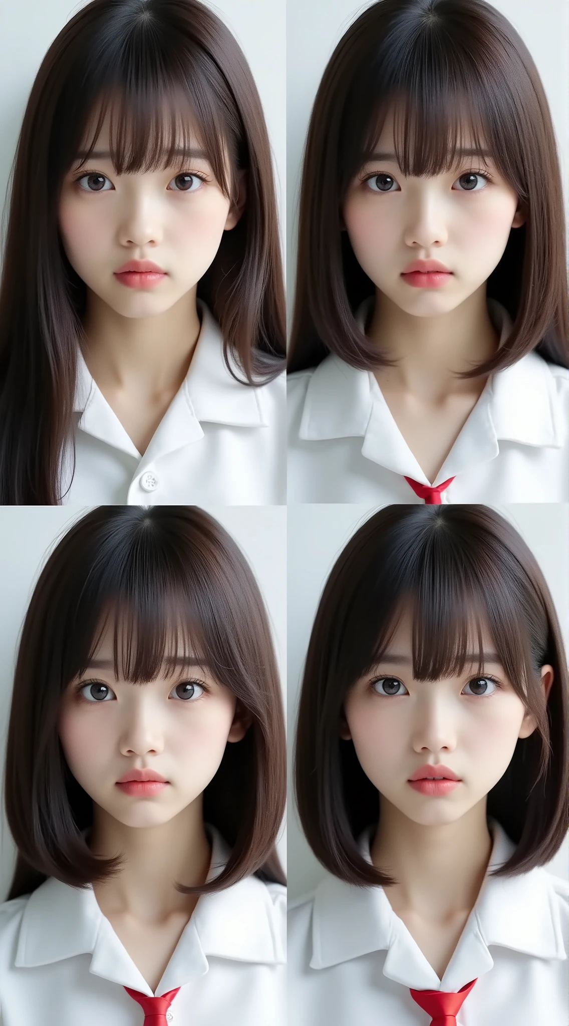 Create a realistic photograph of a beautiful Japanese female idol in a Nogizaka-style uniform. The image should be divided into four sections, each featuring a close-up of her face expressing different emotions: a smile, an angry face, a crying face, and a surprised face. Use a simple background to maintain focus on her expressions.