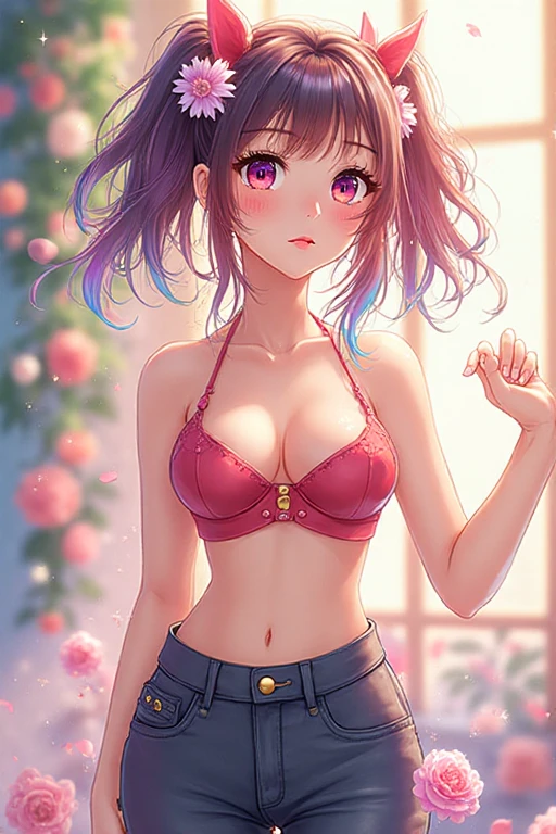 fullbody, (1girl:1.5), big eyes, the pinnacle of anime illustrations, moe style illustration, the best of the best, masterpiece, ultra-detailed, master piece, extremely detailed, high resolution, Haruba Negi style, curious eyes, glossy, plump lips, shiny hair, girl, , brown hair, changing time in the morning, semi-long straight hair, diamond eyes, captivating eye color, pink lips, pink and light blue floral print, illustrator Momoko style, turning around to show her back, pushing her hair up with both hands, swimsuit