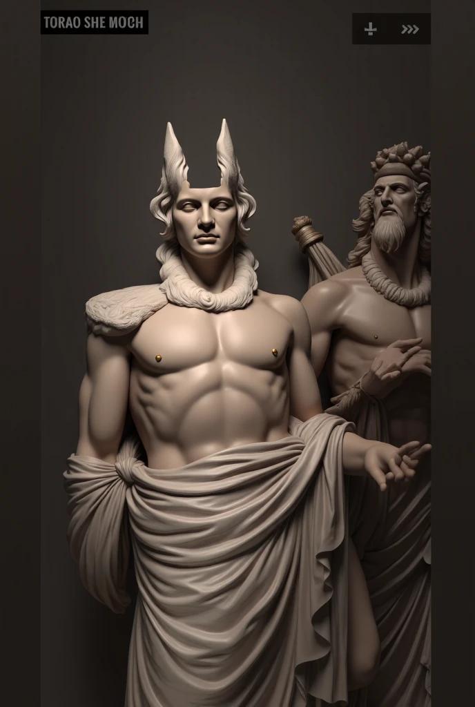 Greek style statue of a man with horns in a dark studio, perfect body statue, man statue, marble statue, minimal background, classic physique.
