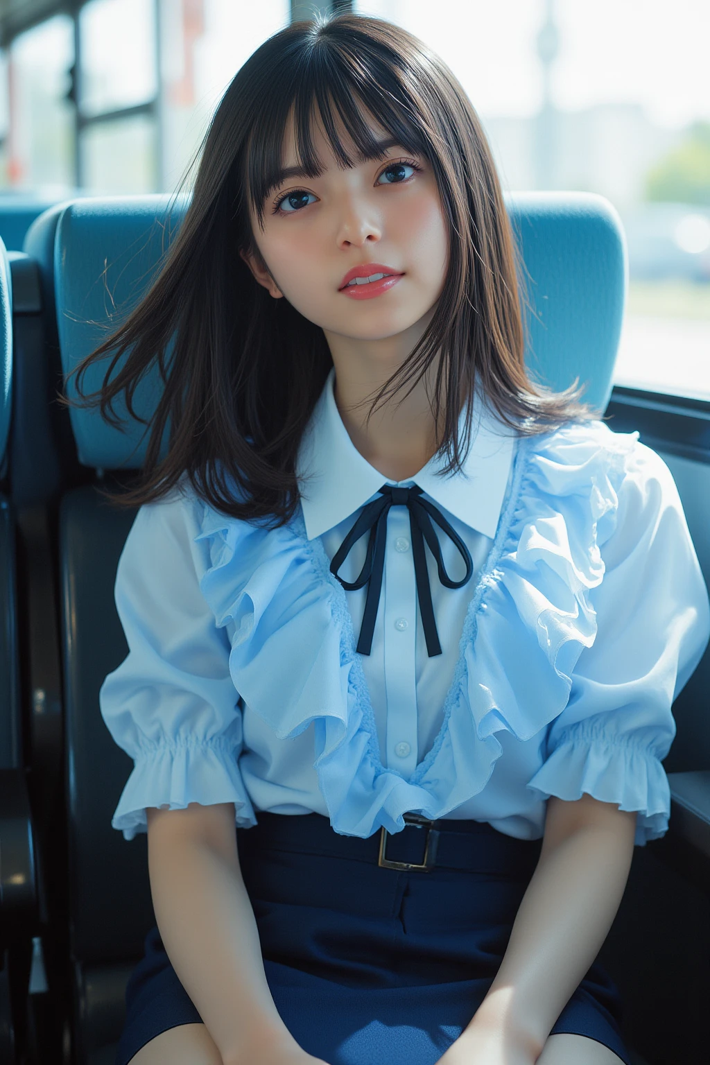 8k, RAW Portrait (Japanese women),masterpiece、Realistic:1.3、Realistic, Ultra-high resolution, highest quality, Real Life Photos、(On the early morning train:1.1),(((Showing :1.4)))、((Visible :1.4))、((A girl sitting on a train seat and looking at her smartphone))、((((1 girl:1.5)))), (((電車内でスカートをたくし上げてShow off your pants女子:1.4)))、(Cute Face:1.3)、日本の1 girl、((日本のカジュアルな服を着たJapanese women))、((Real college girl))、((ロングA woman rolling up her skirt:1.6))、Black Hair,(Written boundary depth:1.3)、 ((Dark brown eyes:1.2))、(Realistic skin texture:1.3)、(Immersive atmosphere:0.8、Chiaroscuro:1.2) 、(Look Viewer:1.3)、((Expressionless:1.3))、((Red cheeks:1.1))、((She is wearing very small satin  with lacy frills.))、((Show off your pants:1.4))、((A woman rolling up her skirt))、((highlight ))、The cutest girl in the world、((Spread your legs out to the side:1.4))、 shot、The natural light coming through the car windows is too bright..、Shining Sun、