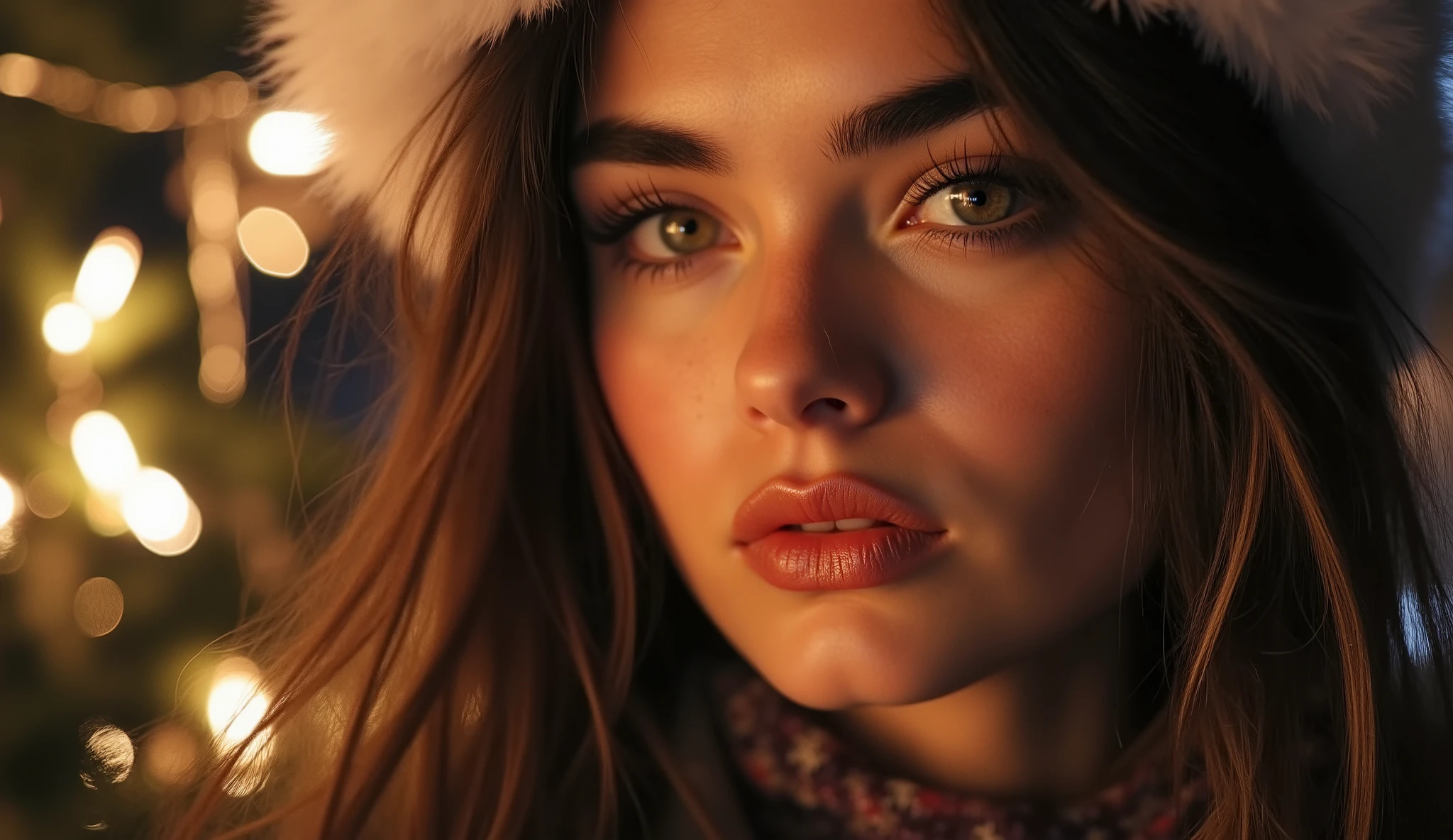 christmas lights, black hair with blonde highlights, phtalo green eyes, (RTX) cinematic film shot in 70mm, depth of field, vivid colors, (best quality,ultra-detalhado,Realistic:1.37), (8k, ARTISTIC photography, best quality, masterpiece: 1.2), (realistic, photorealistic:1.37), over-detailed, (high-detail skin: 1.2), 8k UHD, SLR camera, soft lighting, high quality, film grain, cinematic lighting, photonic display, brightness, physically rendered photo, (dynamic pose), extremely high-quality graphics, over-detailed face, (((cinematic lighting))), ((clear details)), (((looking to viewer))), (attractive young woman:1.3), (Cute Christmas theme:1.2), (fluffy Santa hat with ribbon:1.2), (christmas tree), snow, (((((text "christmas",))))), (happy face), (Perfect face:1.1)