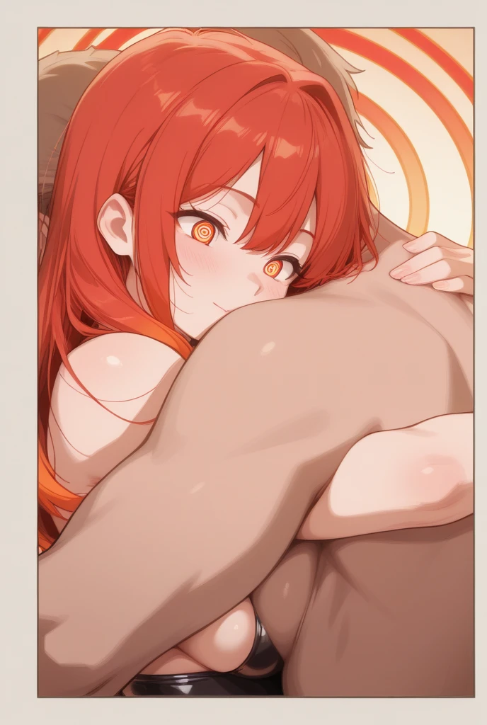 score_9, score_8_up, score_7_up, source anime, finger frame, pov hands, finger gun, satella, 1girl, solo, ass, long hair, nude, red hair, breasts, open mouth, cropped legs, simple background, looking back, ribbon, pink eyes, white background, fang, medium breasts, very long hair, arched back, hair ribbon, ponytail, back, looking at viewer, from behind, leaning forward, covering breasts, sideboob, hair ornament