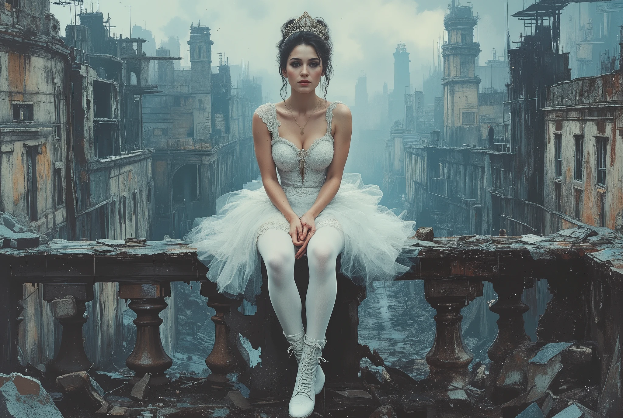 oil painting,The end of World. The digital illustration shows a beautyfull woman. She's wearing a white tutu white pantyhose and white platform boots. She sits on dastroyed balcony with legs down. She has stage makeup and a hairstyle with a small shining crown in her hair. It is wide angle shot from top. The background is a mix of abstract and urban elements, with a cool color palette dominated by shades of blue and gray. The overall style of the game is very detailed and dynamic, with an emphasis on strong and confident character behavior. Surreal digital graphics.