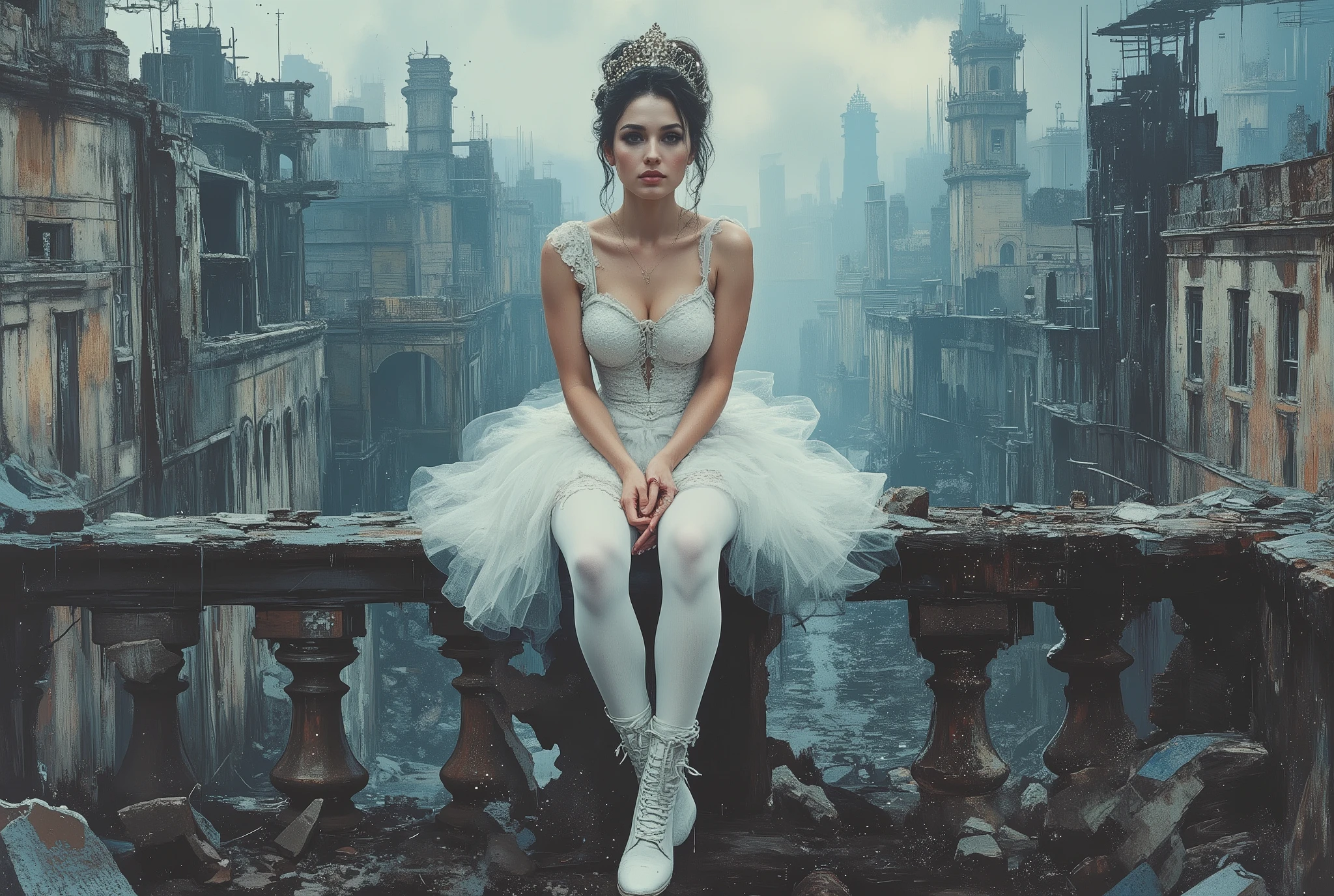 oil painting,The end of World. The digital illustration shows a beautyfull woman. She's wearing a white tutu white pantyhose and white platform boots. She sits on dastroyed balcony with legs down. She has stage makeup and a hairstyle with a small shining crown in her hair. It is wide angle shot from top. The background is a mix of abstract and urban elements, with a cool color palette dominated by shades of blue and gray. The overall style of the game is very detailed and dynamic, with an emphasis on strong and confident character behavior. Surreal digital graphics.